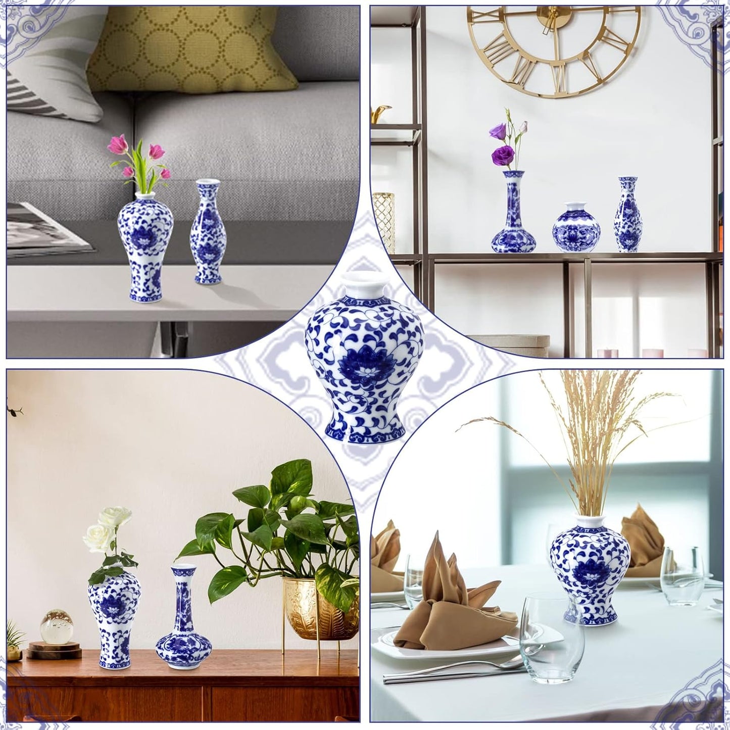 Funtery Set of 6 Small Blue and White Porcelain Vases Blue Chinoiserie Decor Gifts Ceramic Flower Vases Porcelain Classic Flower Vases for Home Table Centerpieces Bookshelf(Fresh Style)