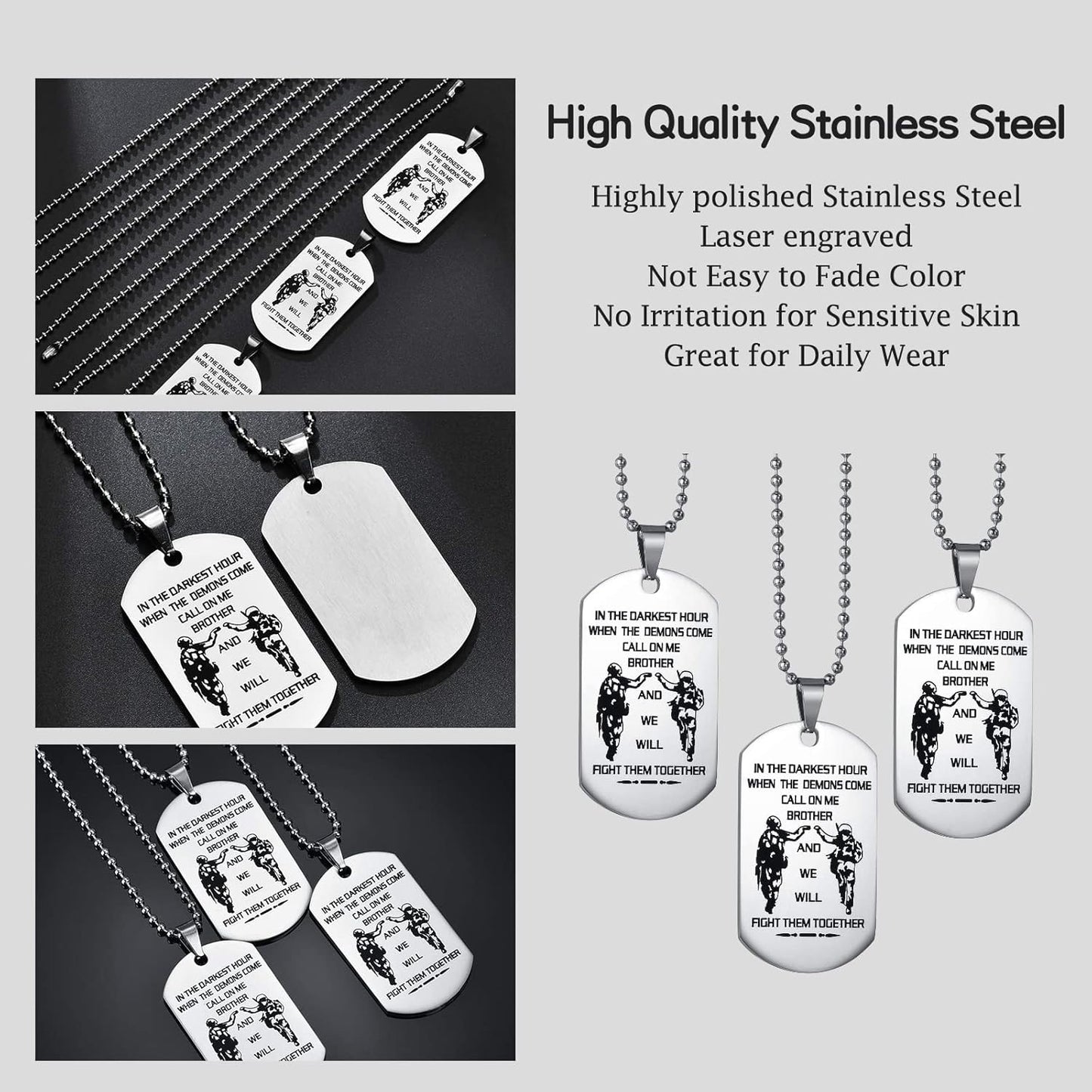 Caleesllc Men'S Necklace We Will Fight Them Together,To My Brother Necklace Military Dog Tag Pendent Christmas Birthday Party Gift,Set of 3