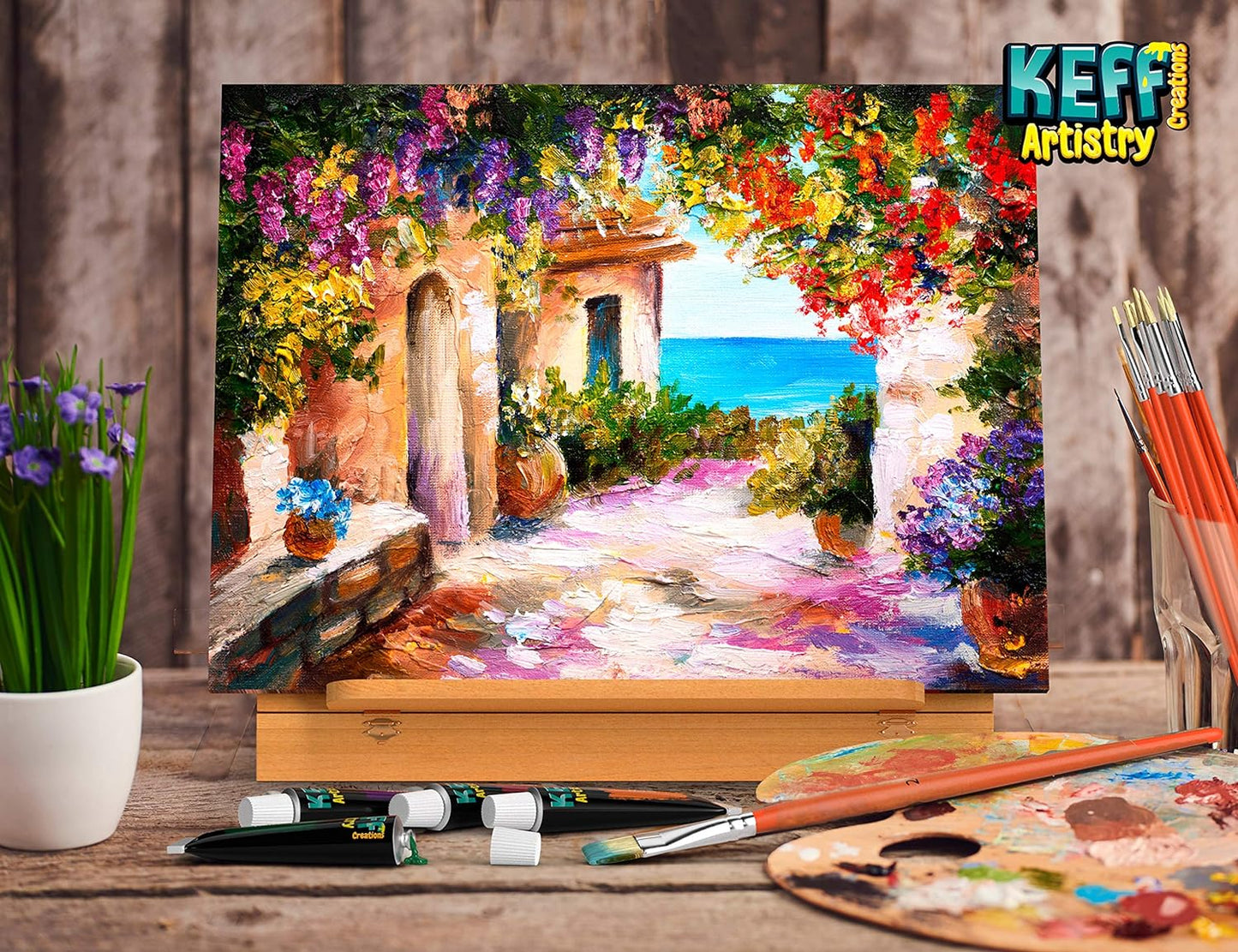 KEFF Oil Paint Set for Adults and Kids - Art Supplies Painting Kits with 24 Oil Paints, Stretched Canvas, Art Easel, Brushes, Palette, Knives and Paper Pad