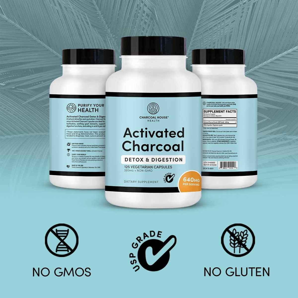 Activated Charcoal Capsules for Adults | Natural, Vegan, Non-Gmo & Gluten Free | USP Charcoal Pills for Stomach Cleanse, Healthy Digestion, Gas & Nausea | USP Medical Grade | 125 Ct.