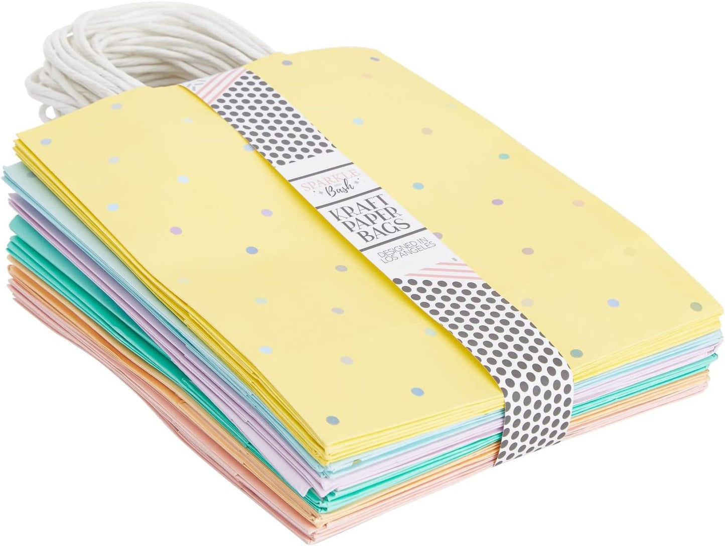 BLUE PANDA 36 Pack Medium Polka Dot Paper Gift Bags with Handles and White Tissue Paper, 6 Pastel Rainbow Colors (10 X 8 X 4 In)