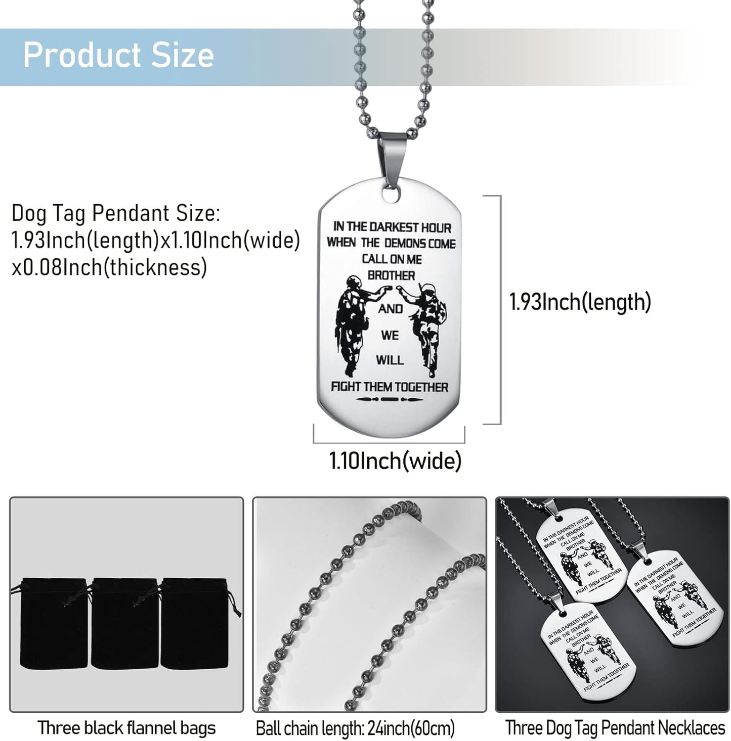 Caleesllc Men'S Necklace We Will Fight Them Together,To My Brother Necklace Military Dog Tag Pendent Christmas Birthday Party Gift,Set of 3