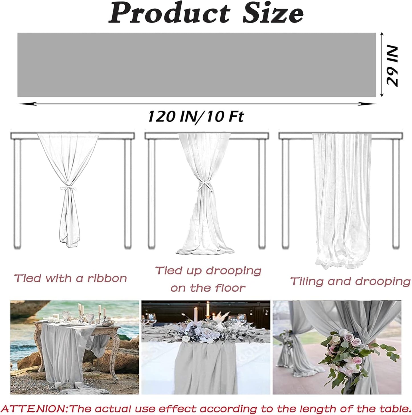 YAWALL Chiffon Table Runner Dusty Grey 10Ft,29X120 Inches Romantic Wedding Table Runners Sheer Bridal Party Decorations