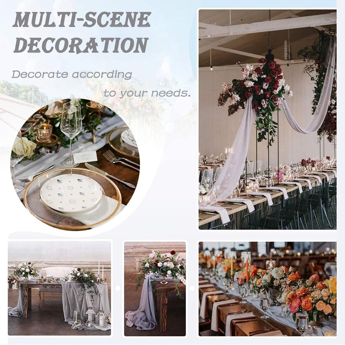 YAWALL Chiffon Table Runner Dusty Grey 10Ft,29X120 Inches Romantic Wedding Table Runners Sheer Bridal Party Decorations