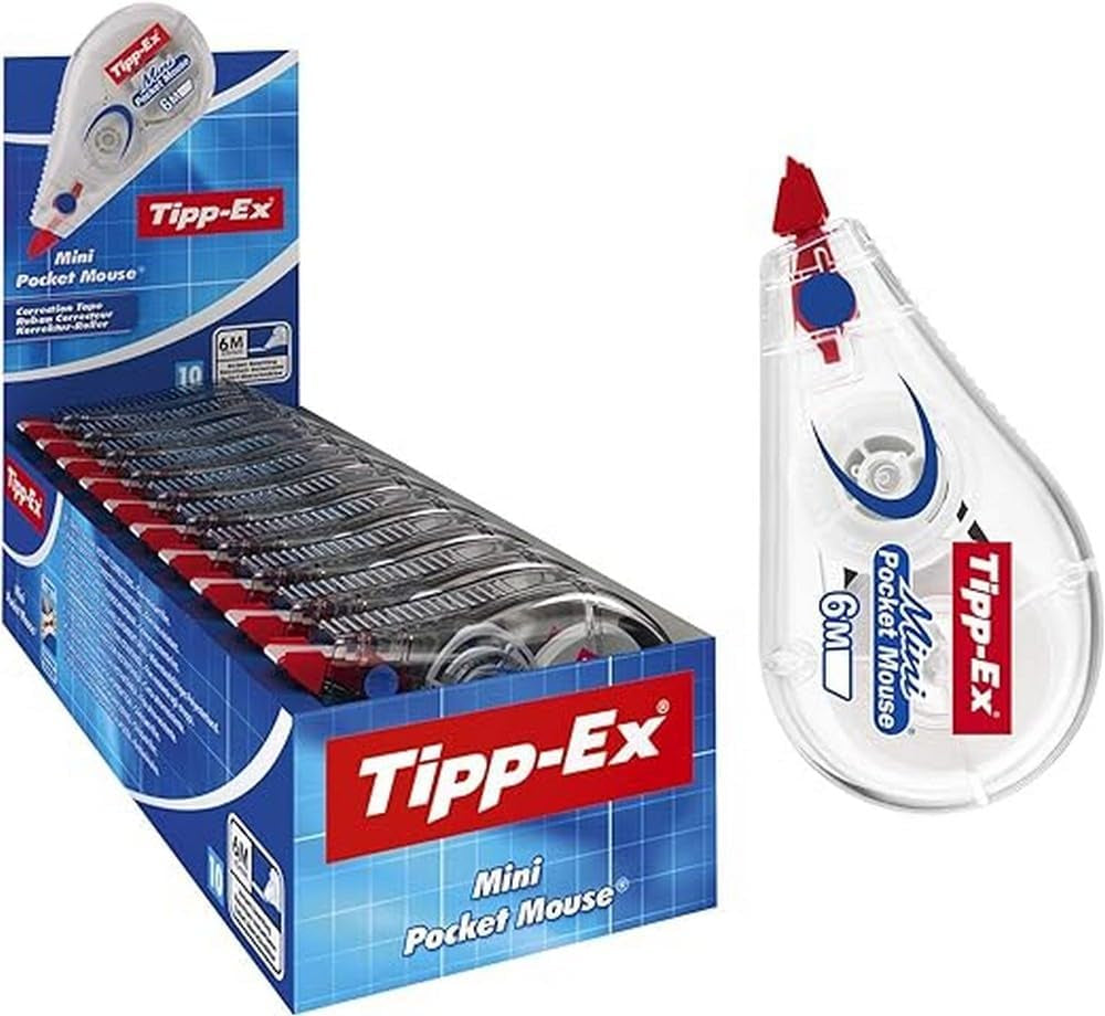 Mini Pocket Mouse Plastic Tape - Box of 10 - 6 M, Tear-Resistant Tapes with Smooth Glide, White