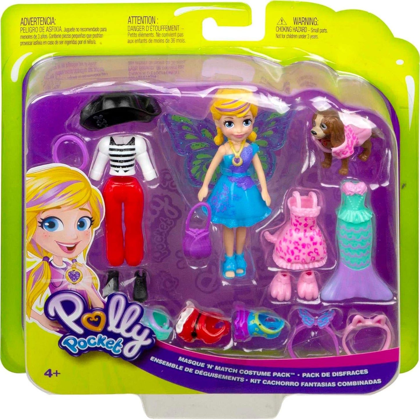 Polly Pocket Doll & Accessories, Masque ‘N Match Costume Pack with 3-Inch Small Doll, Pet, 4 Costumes for Doll & for Pet