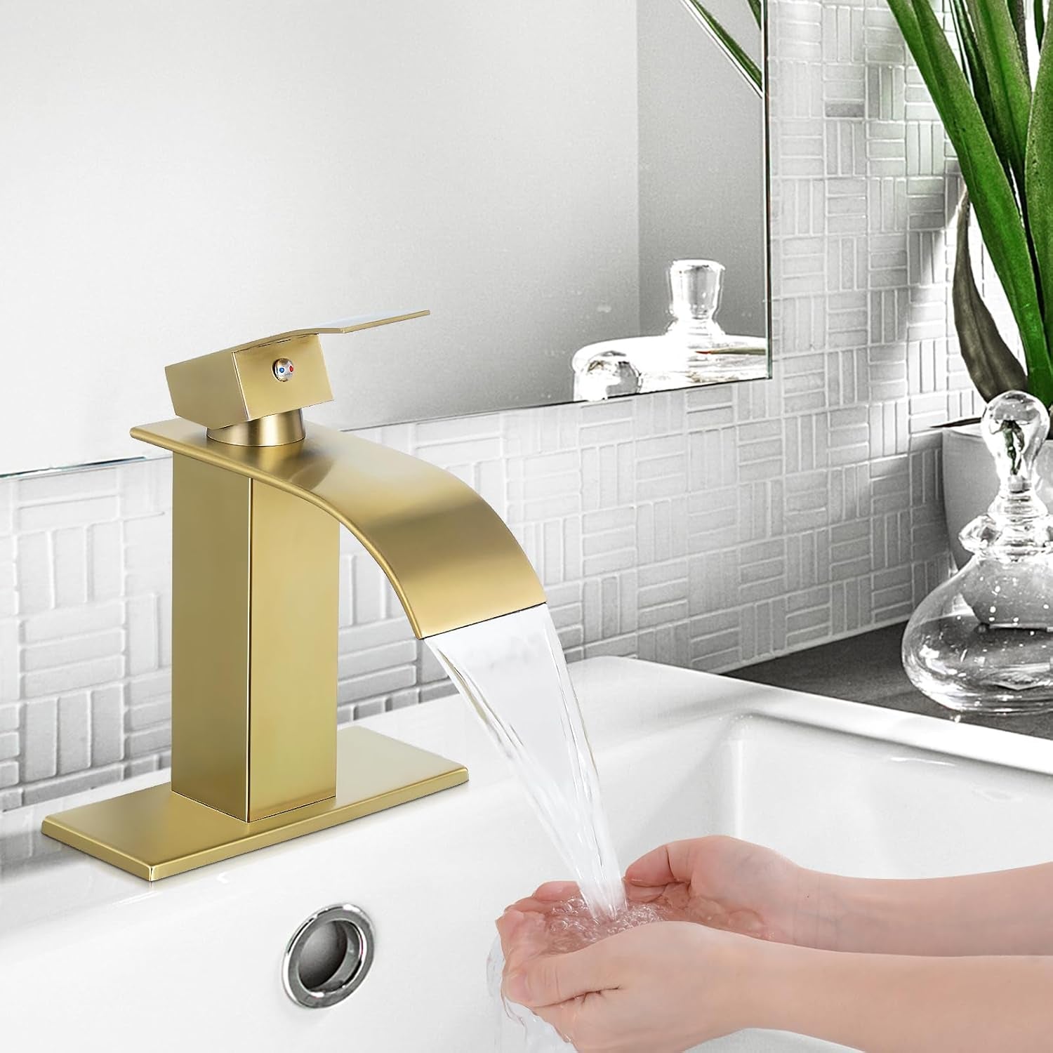 Qomolangma Waterfall Bathroom Faucet, Brushed Gold Modern Single Handle Bathroom Faucets for 1 or 3 Hole Bathroom Sink Faucet Mixer Tap Washbasin Faucet with Deck, Pop-Up Drain and Supply Hoses