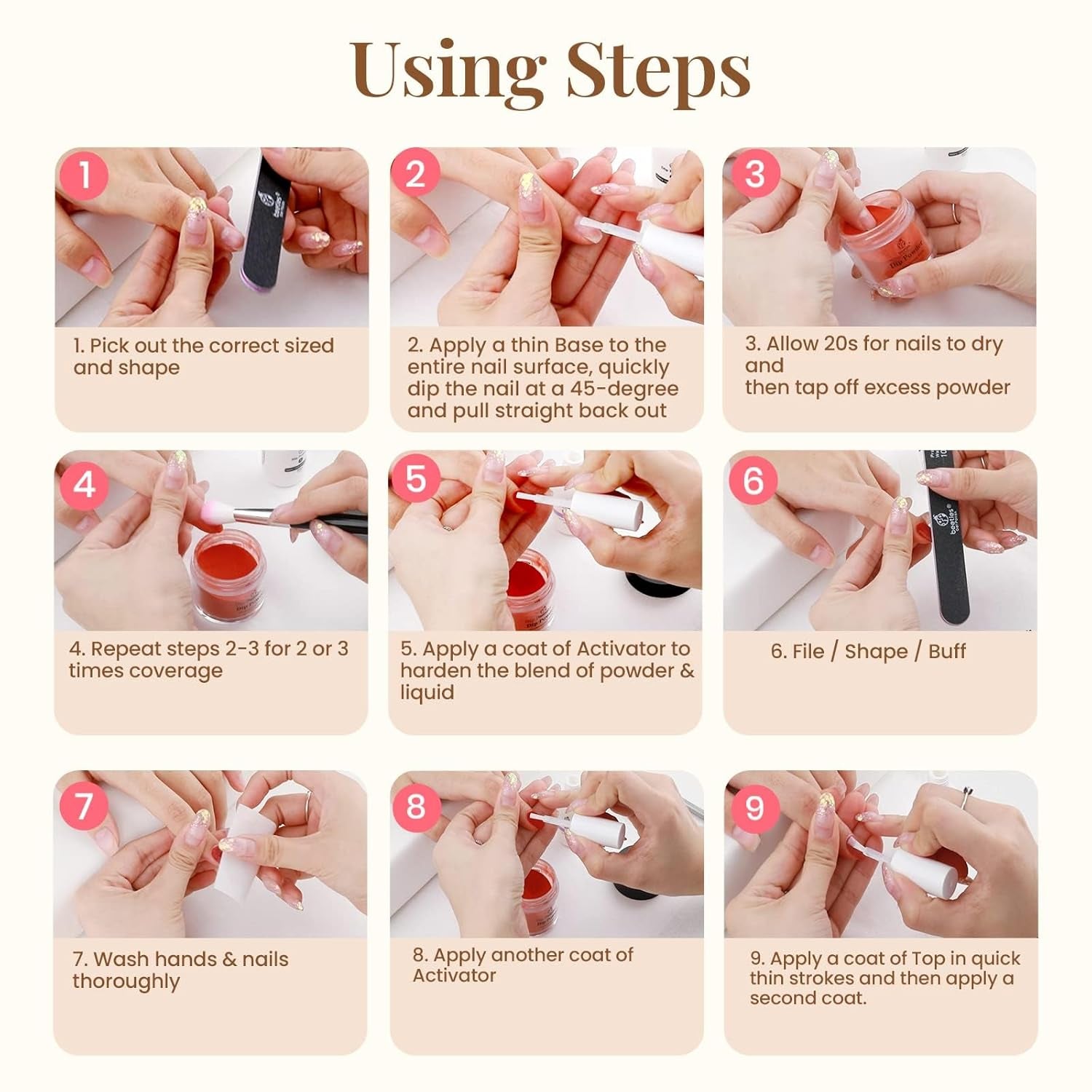 Beetles Dip Powder Gel Liquid Set 0.5Oz/Bot with Base-Top Coat, Activator, and Brush Savor Dipping Powders Essentials Kit (Steps 1-4), Dip Nail Kit Acrylic Nail Manicure