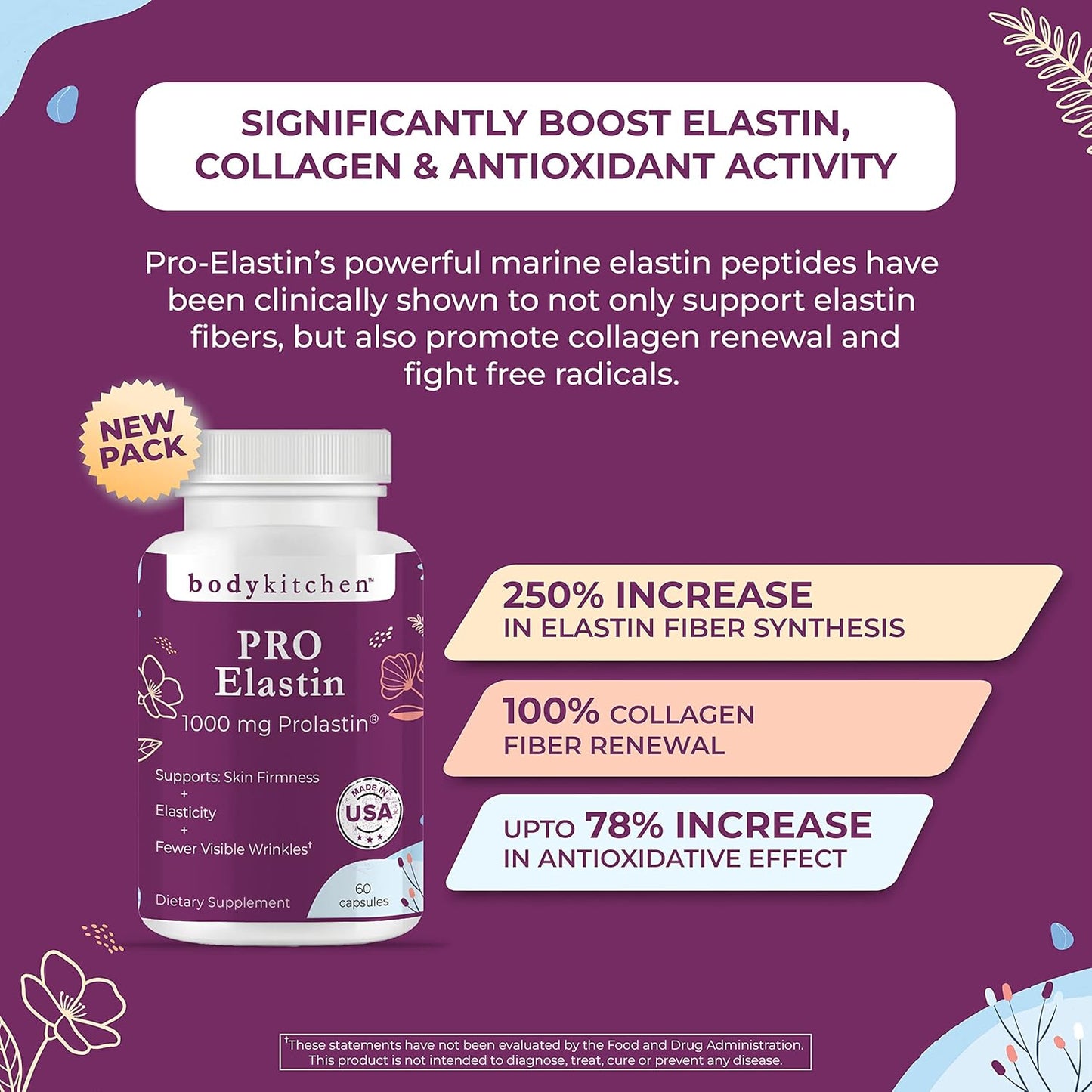 Body Kitchen Pro-Elastin, 1000 Mg Elastin Supplement, Help Reduce Signs of Aging, Improved Skin Health, Firmness & Elasticity, Fewer Wrinkles, Veggie Caps, (Pack of 1)