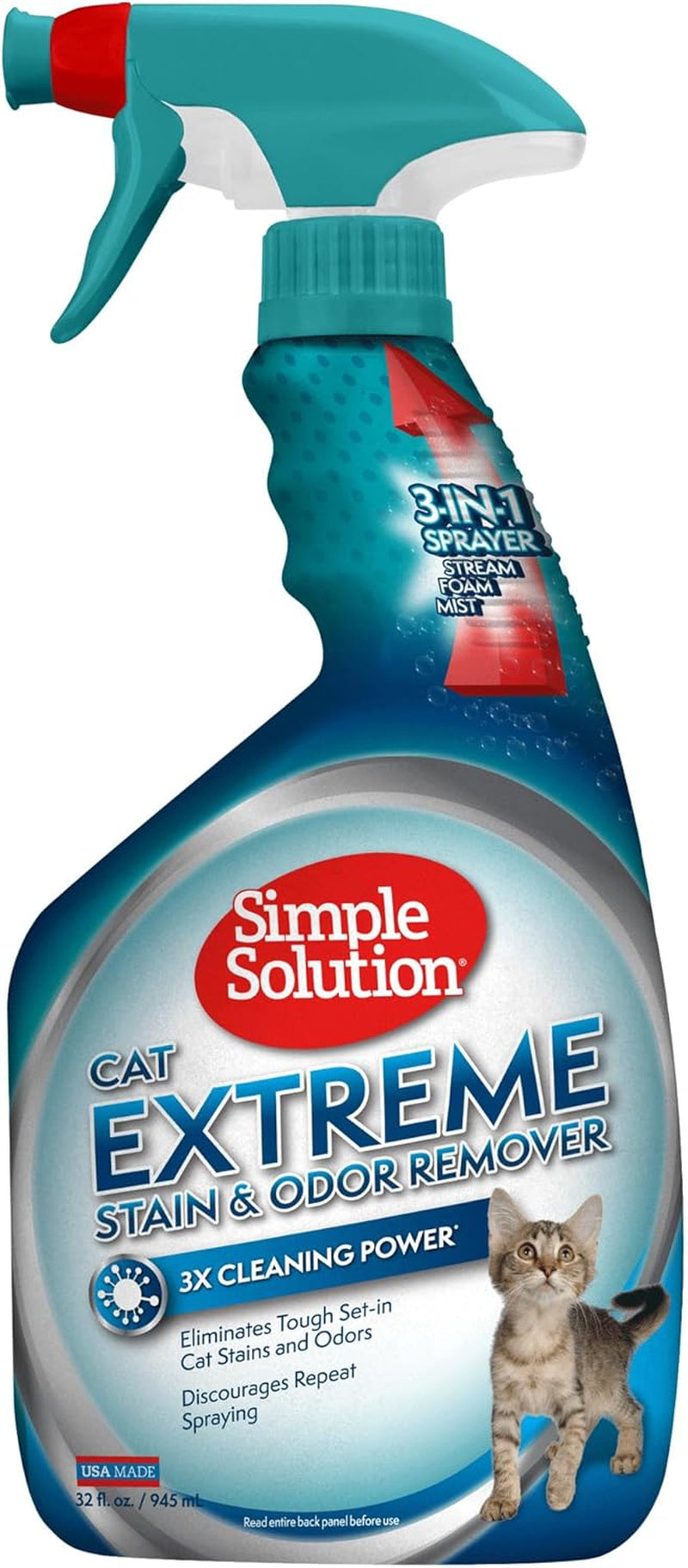 Simple Solution Cat Extreme Pet Stain and Odor Remover Spray - Enzymatic Cleaner with 3X Pro-Bacteria Cleaning Power, Cat-Formulated Strong Urine Pee Odor Destroyer - 32 Ounces