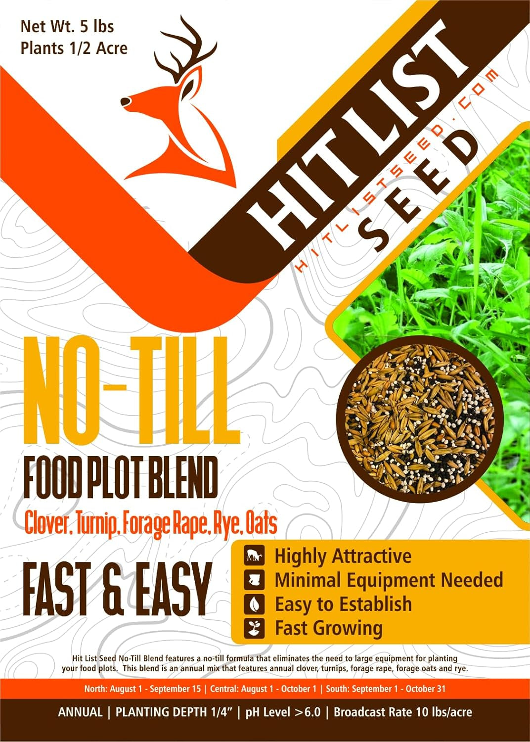 Hit List Seed® No Till Food Plot Seeds for Deer [Annual Mix] - Throw and Grow Food Plot Seed - Deer Plot Seed Mix - Clover, Rye, Turnip, Brassica, Oats - No Plow Food Plot Seed for Deer - 5 Lbs