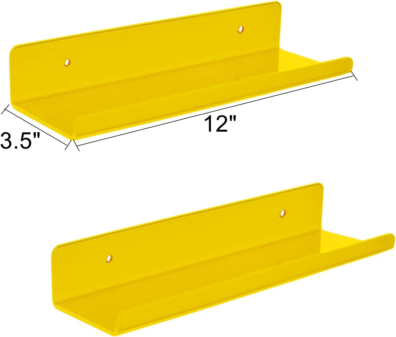 ROYALITA Small Acrylic Shelves Wall Mounted | Set of 2 | 12 Inches | Wall Hanging Bookshelf Display Shelves, Room Decor Floating Wall Shelves for Bedroom, Living Room, Office, Yellow