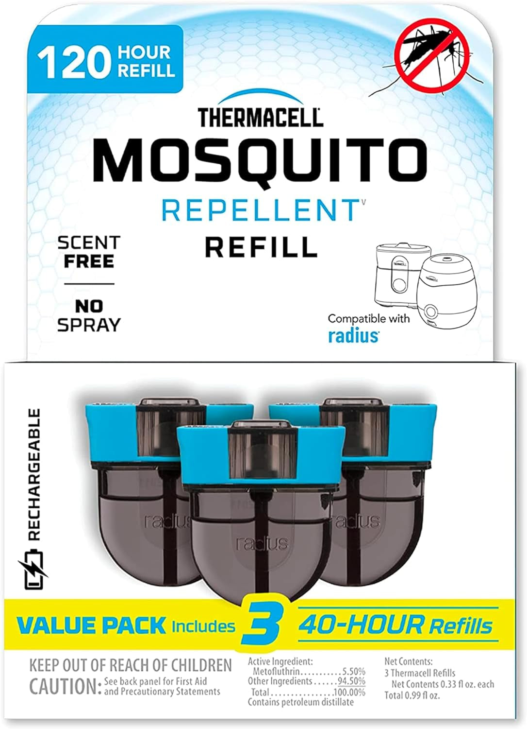 Thermacell Rechargeable Mosquito Repeller Refills; Advanced Repellent Formula Provides 20 Foot Protection Zone; Compatible with Thermacell E-Series & Radius Only; No DEET, Spray or Flame