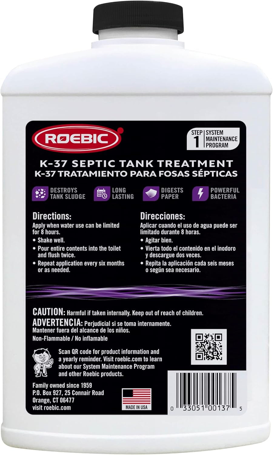 Roebic K-37-Q Septic Tank Treatment: Removes Clogs, Environmentally Friendly Bacteria Enzymes, Safe for Toilets, 32 Fl Oz - Lasts 1 Year, 32 Ounces