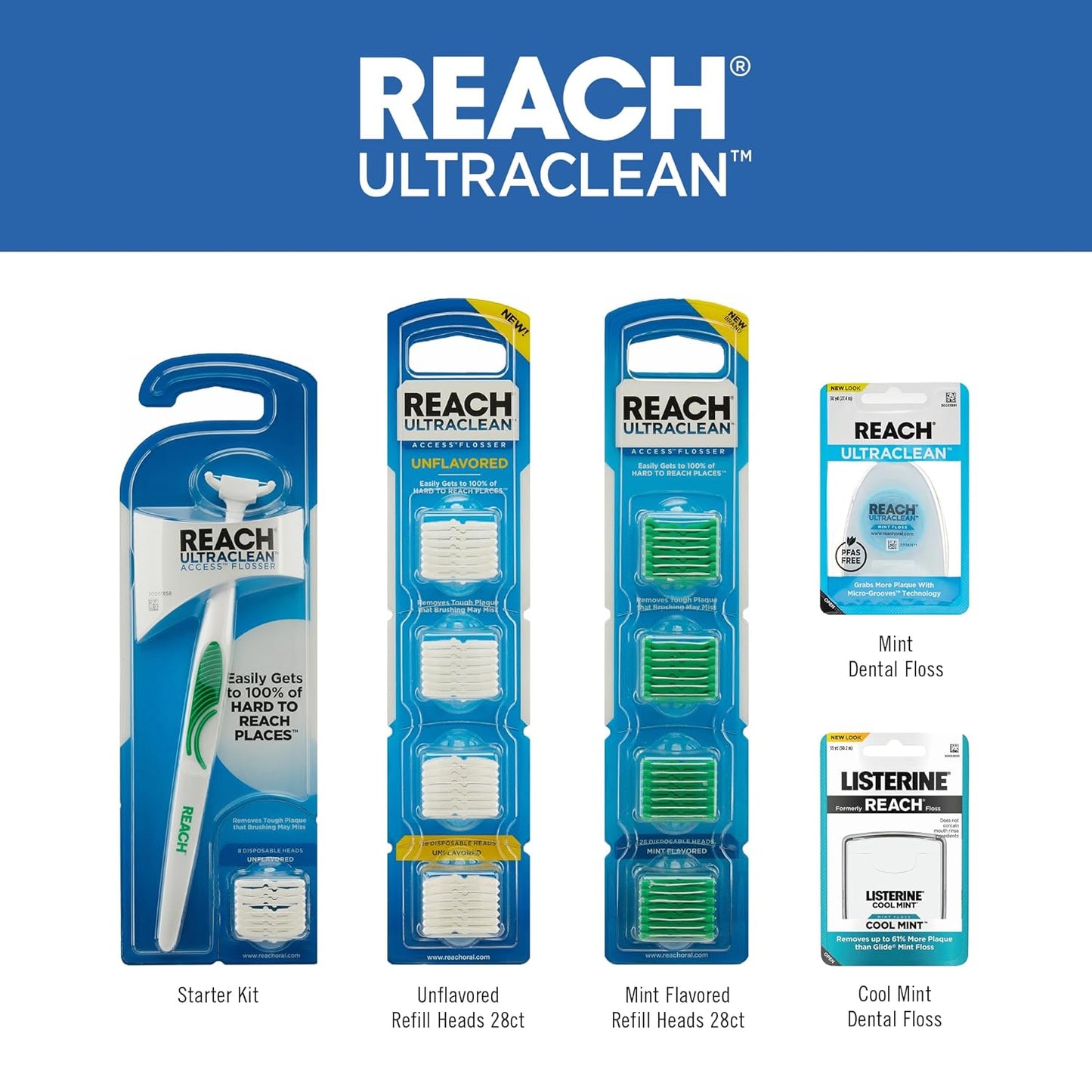 REACH Listerine Ultraclean Access Flosser Refill Heads, Mint, Plaque Remover, Shred Resistant, Easy on Gums & Teeth, Hard to Reach Dental Floss Heads, Oral Care, for Adults & Kids 28 Ct, 1 Pack