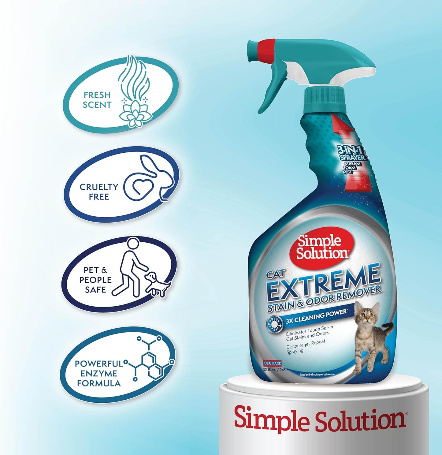 Simple Solution Cat Extreme Pet Stain and Odor Remover Spray - Enzymatic Cleaner with 3X Pro-Bacteria Cleaning Power, Cat-Formulated Strong Urine Pee Odor Destroyer - 32 Ounces