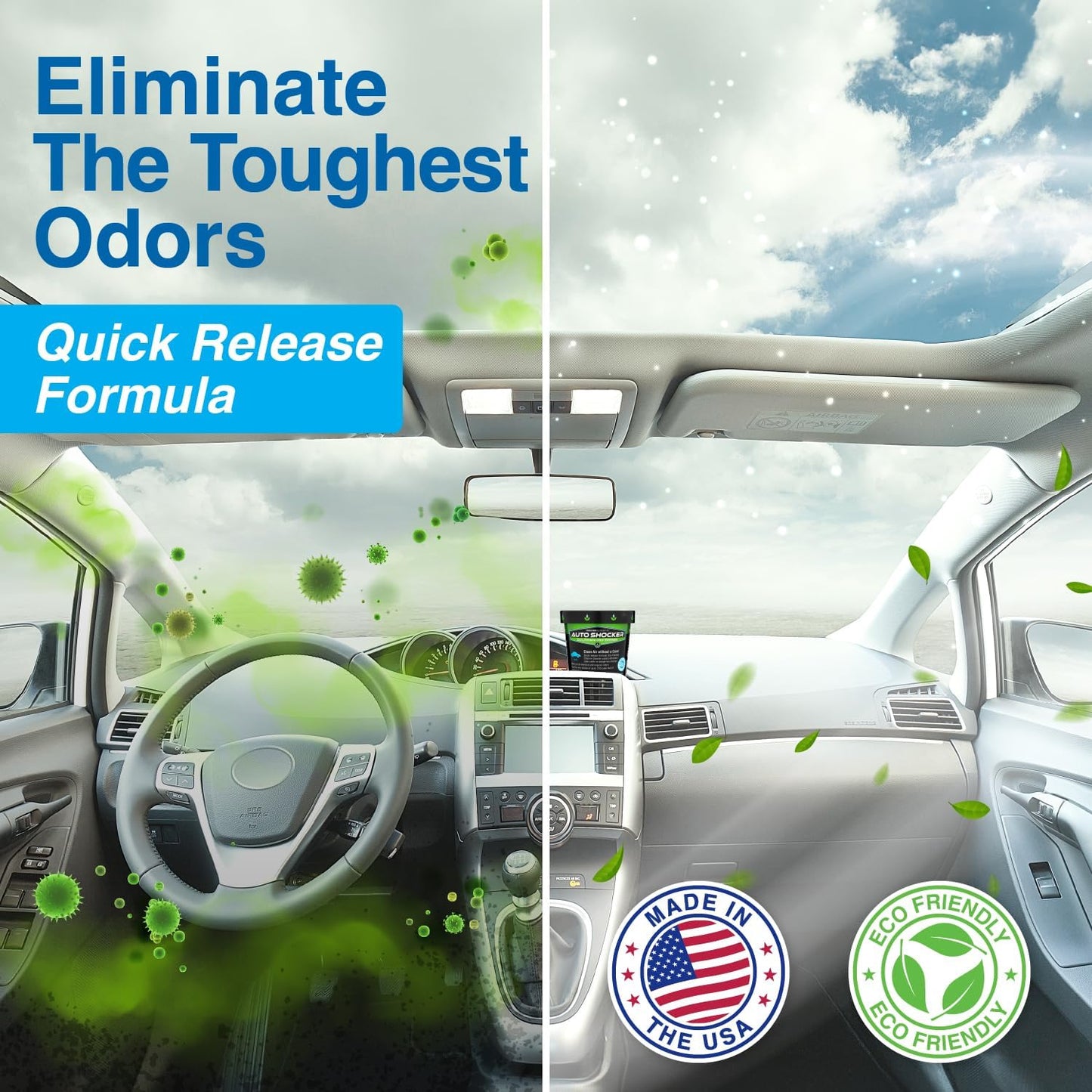 Auto Shocker, Quick Release Car Odor Eliminator, Eco-Friendly Chlorine Dioxide Odor Bomb for Vehicle Interior up to 250 Cubic Feet
