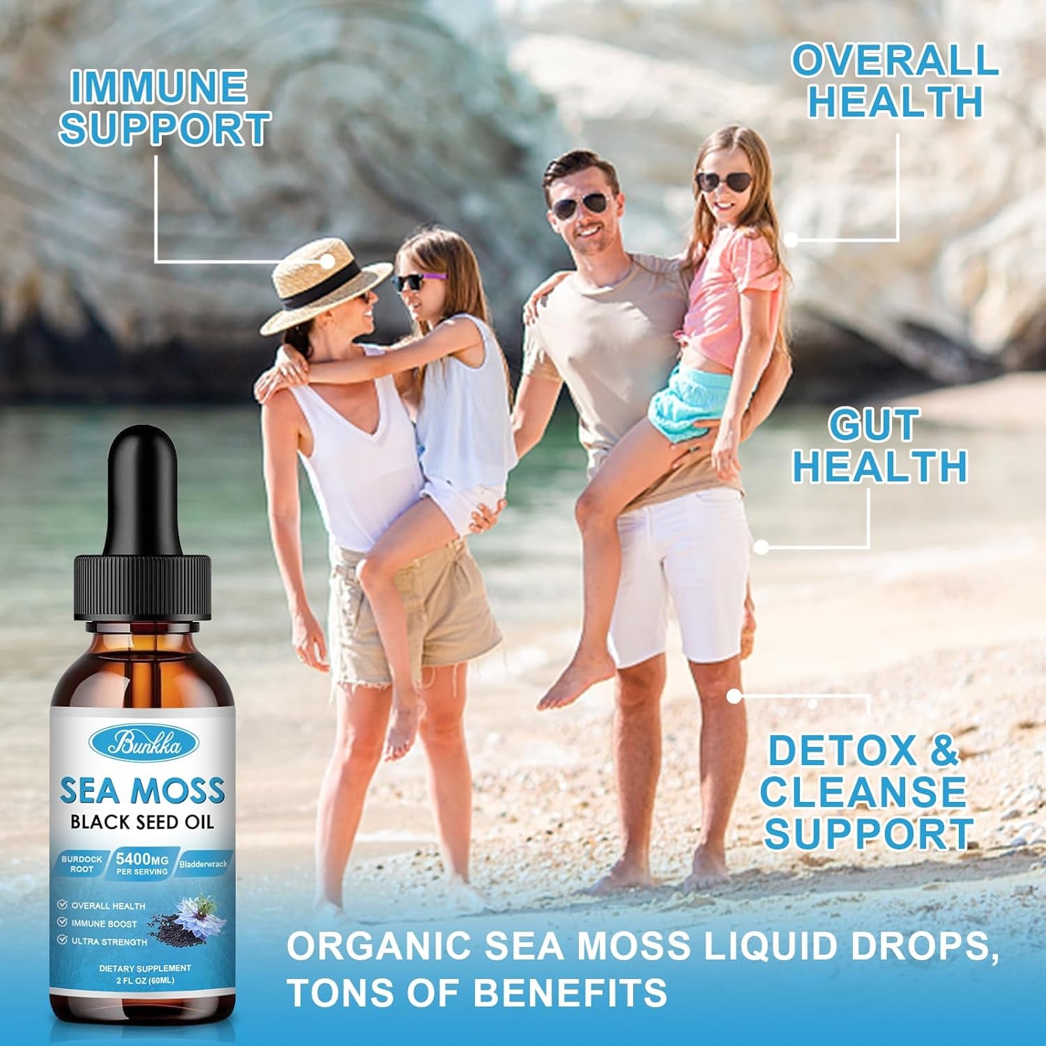 Sea Moss 3000Mg Black Seed Oil 1000Mg with Burdock Root 600Mg Bladderwrack 800Mg&Vitamin C Vitamin D3, Irish Sea Moss Drop for Immune System, Gut, Skin & Energy