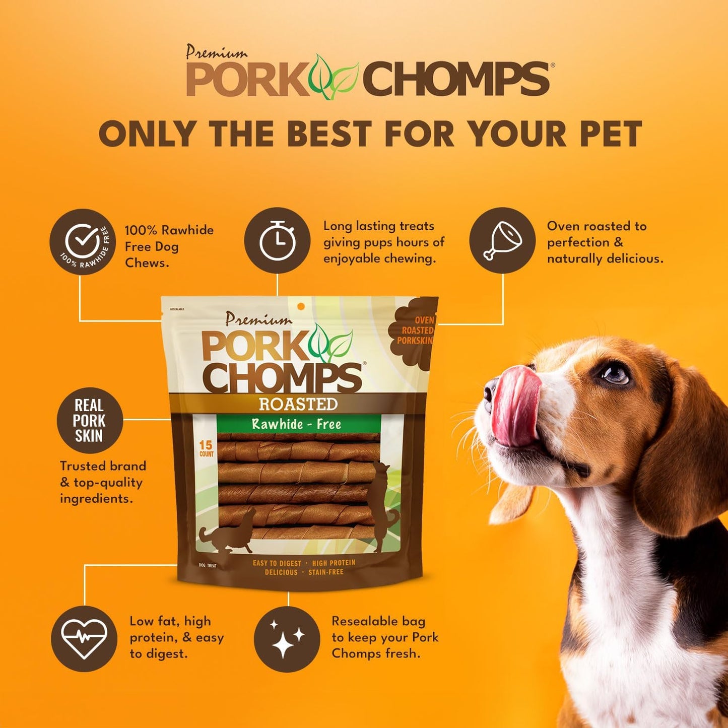 Pork Chomps Roasted Pork Skin Dog Chews, 6-Inch Twists, 15 Count