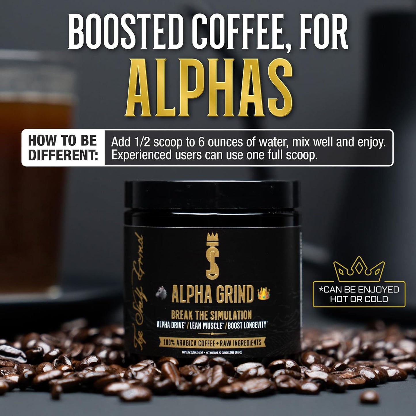 Alpha Grind – Instant Maca Coffee for Men + Natural Energy + Brain Nootropic for Ageless Clarity, Focus | Lean Muscle Building Growth & Size, 30SV