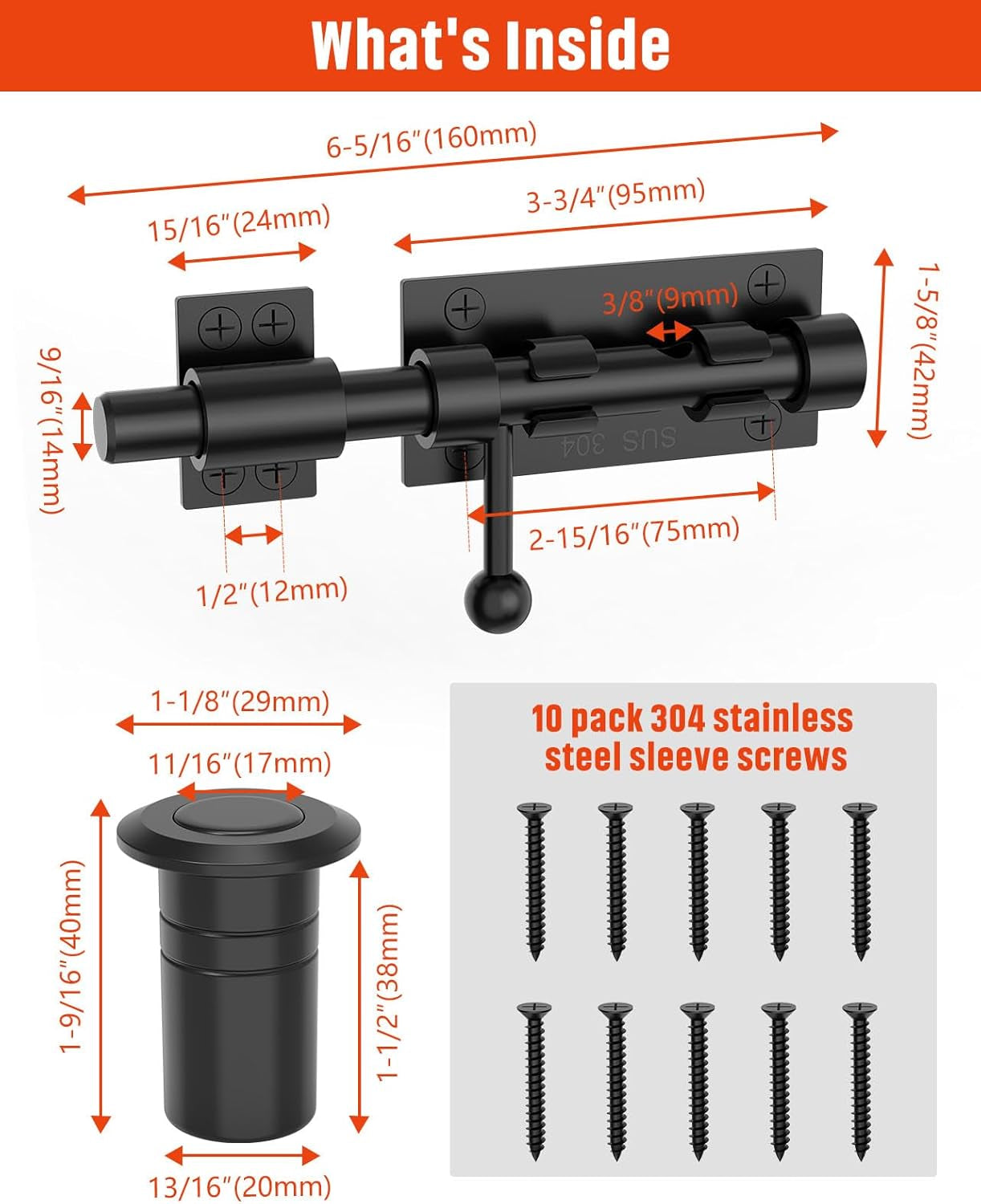 Heavy Duty Slide Bolt Gate Latch Hardware, 6.3 Inch Solid 304 Stainless Steel Latches Electroplating Finish, Barrel Bolt Lock for Wooden Fence, Yard Door, Barn Door, Shed Door, Interior (Black)