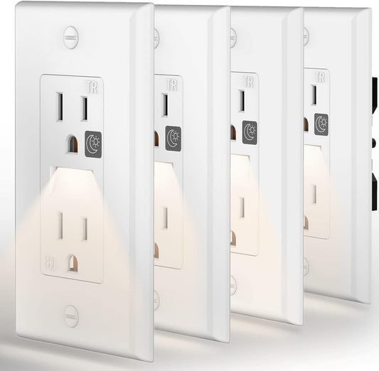 SOZULAMP Tamper Resistant(Tr) Receptacle Outlet with Night Light-Easy to Install, Combination Nightlights and Decora Wall Outlets-15A 125V, 3 Wire, Self Grounding, 2 Pole-With Wall Plate(4Pack, White)