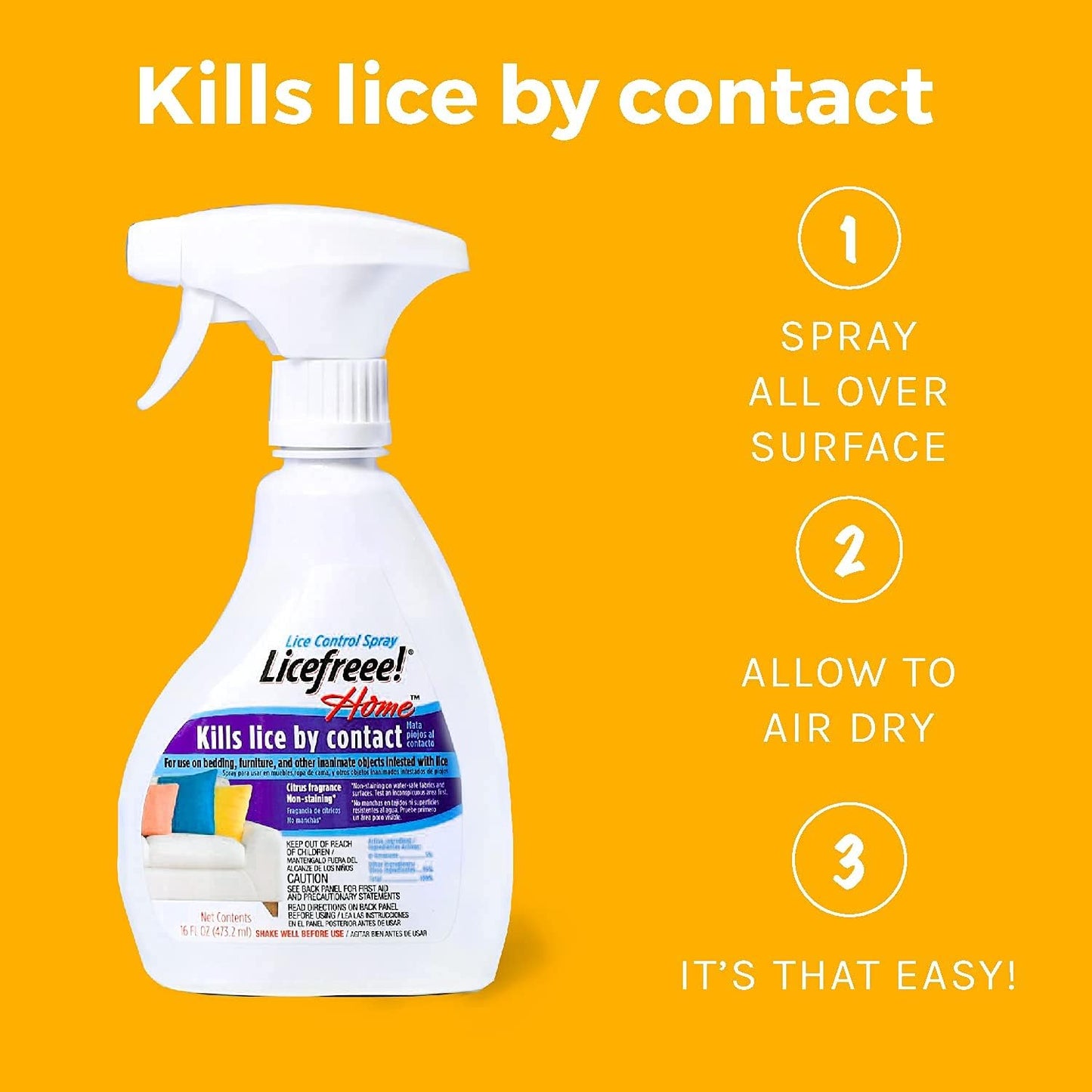 Tec Labs Licefreee Home Spray Head Lice Treatment for Furniture, Non-Staining, 16 Fl Oz, Kills Lice on Contact, for Pillows, Mattresses, Bedding, & Non-Washable Surfaces, Fresh Citrus Fragrance