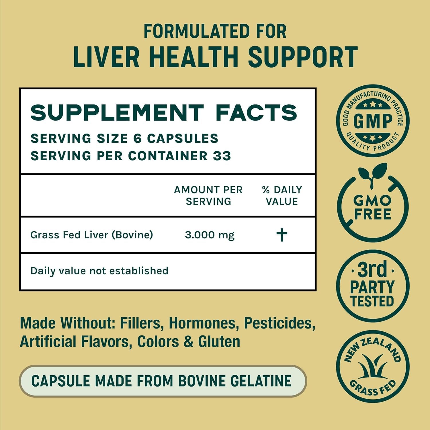 Beef Liver Capsules. 100% Grass Fed New Zealand Beef Liver. Pasture Raised. GMO and Filler Free. 200 Capsules (3,000Mg Serving)