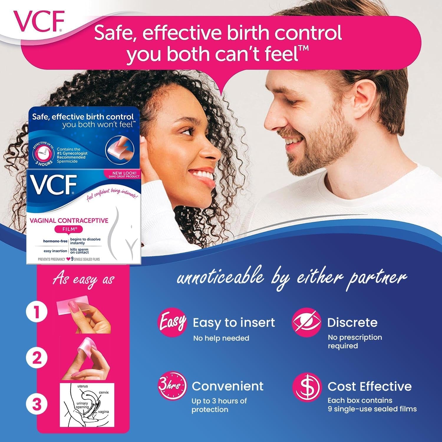 VCF Vaginal Contraceptive Film with Spermicide, 1 Box of 9 Prevents Pregnancy, Nonoxyl-9 Kills Sperm on Contact, Hormone-Free, Easy to Use, Unnoticeable, 9 Total