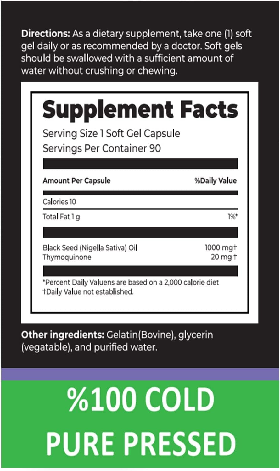 Black Seed Oil Capsules, 90 Days Supply, 2% Thymoquinone, Non-Gmo, Gluten Free, Cold Pressed Black Cumin Pills, Nigella Sativa Supports Immune System, Joints, Hair Growth, Skin