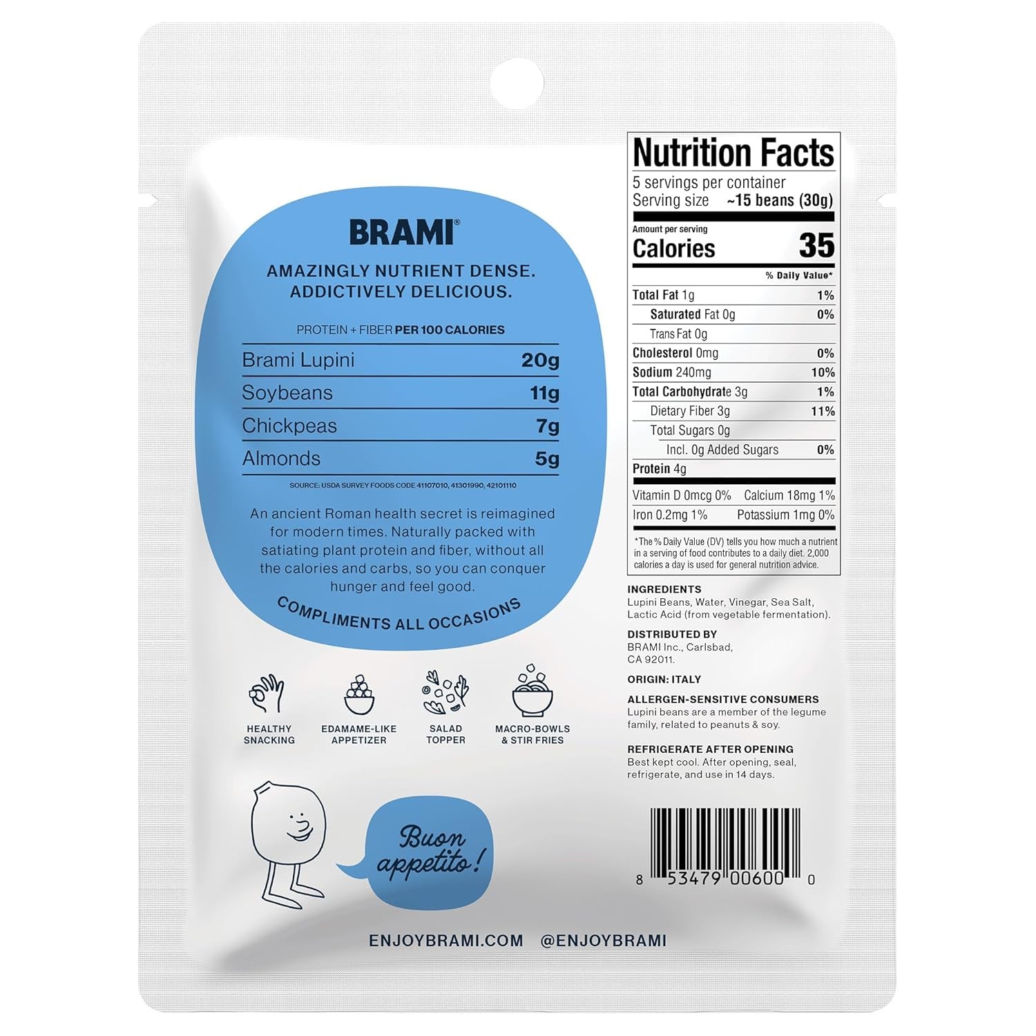 BRAMI Lupini Beans Snack, Sea Salt & Vinegar, 7G Plant Based Protein, 0G Net Carbs, Vegan, Vegetarian, Keto, Mediterranean Diet, Non Perishable, 5.3Oz