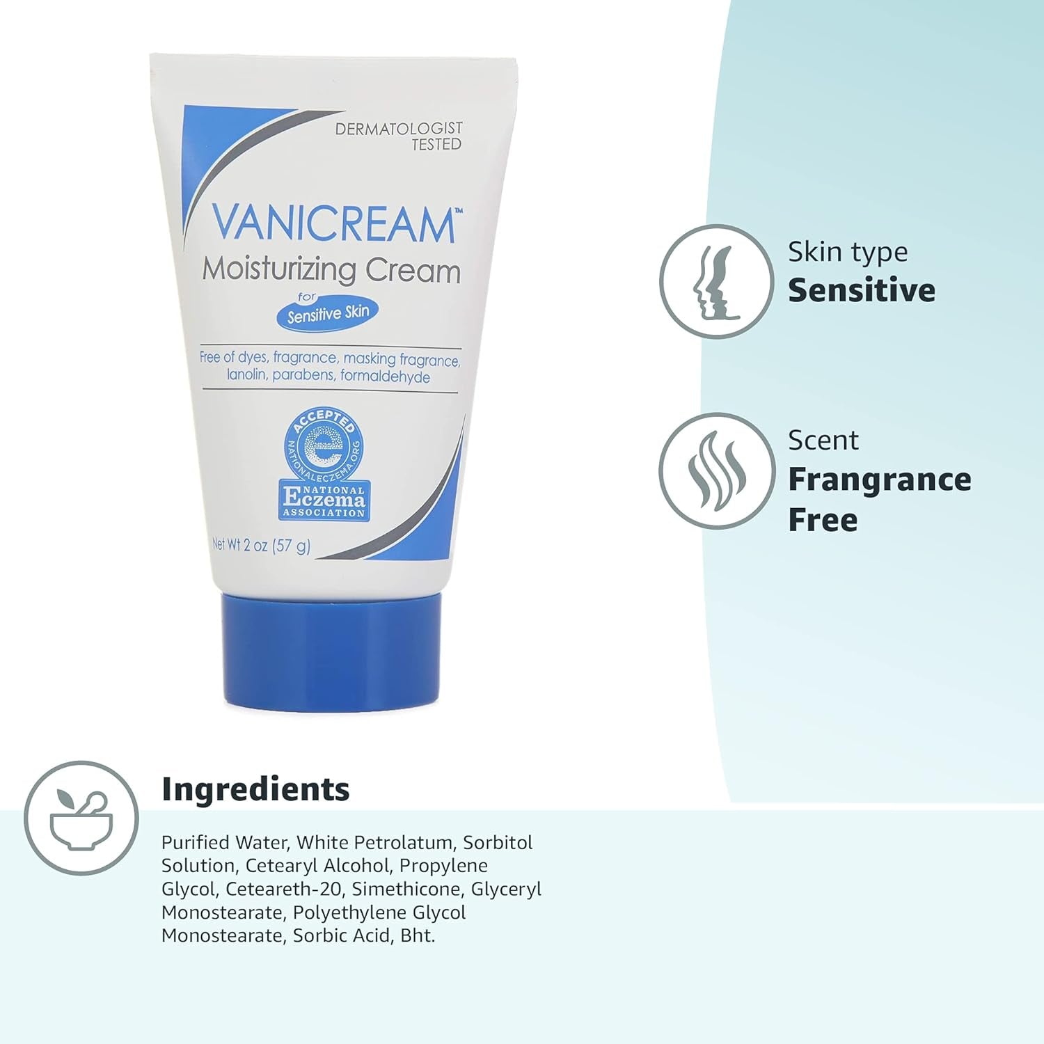 Vanicream Moisturizing Skin Cream Tube for Sensitive Skin, Soothes Red, Irritated, Cracked or Itchy Skin, Dye Free, Fragrance Free, Preservative Free, Dermatologist Tested, 2 Ounce (Pack of 1)