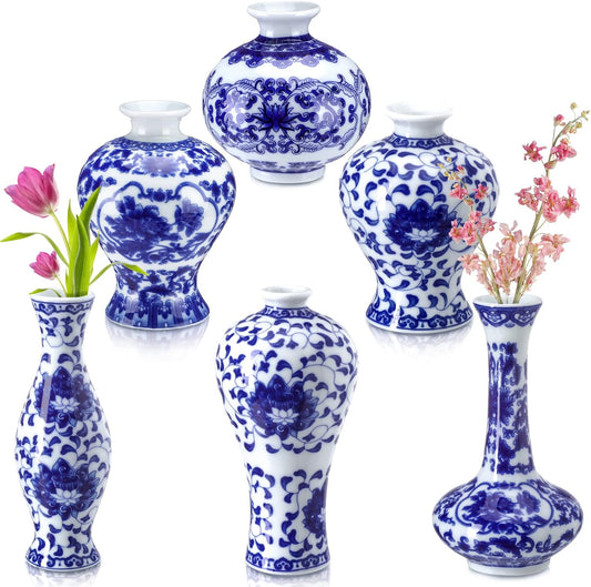 Funtery Set of 6 Small Blue and White Porcelain Vases Blue Chinoiserie Decor Gifts Ceramic Flower Vases Porcelain Classic Flower Vases for Home Table Centerpieces Bookshelf(Fresh Style)