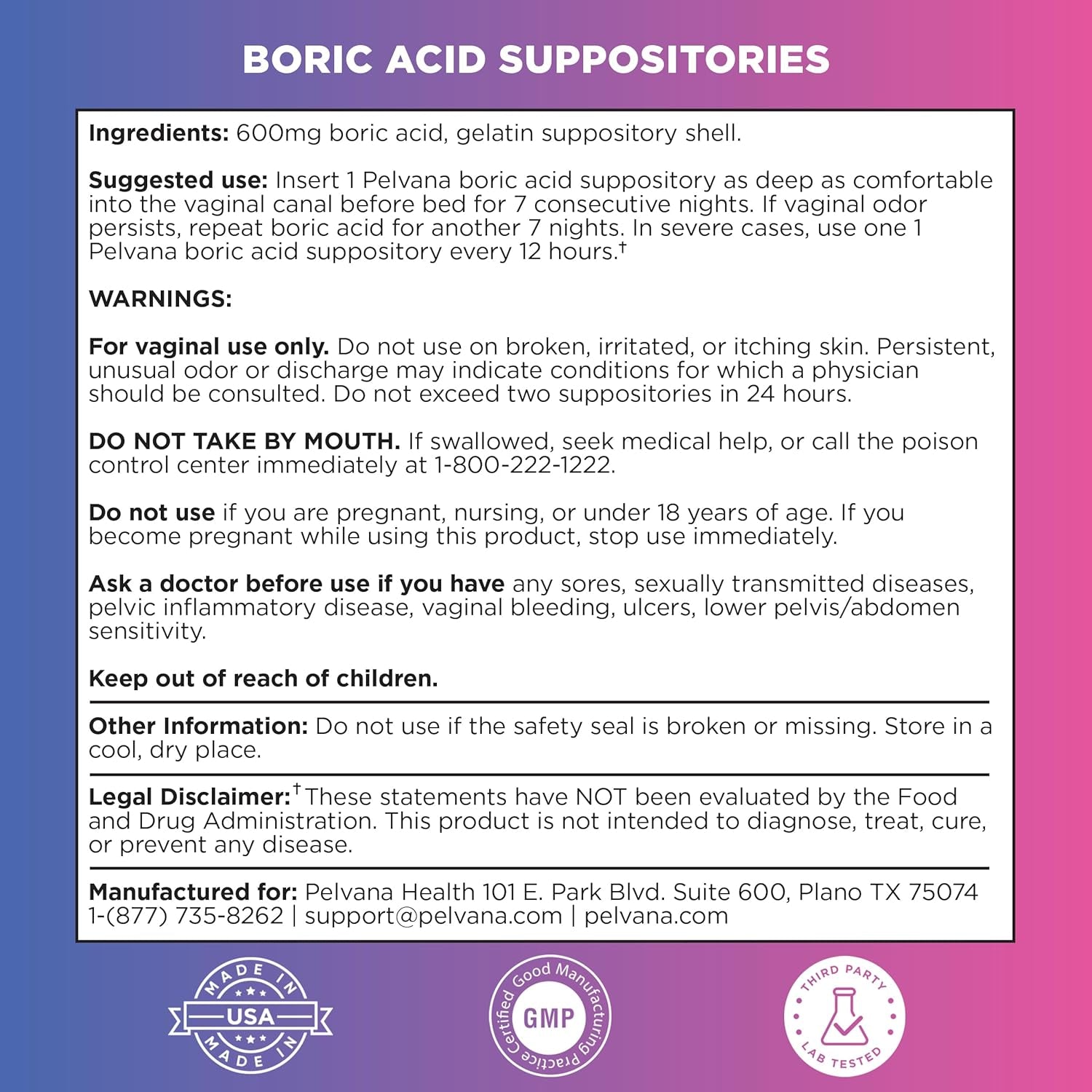 Pelvana Boric Acid Suppositories for Women 30 Count for Vaginal Odor - Third-Party Lab Tested & Made in the USA