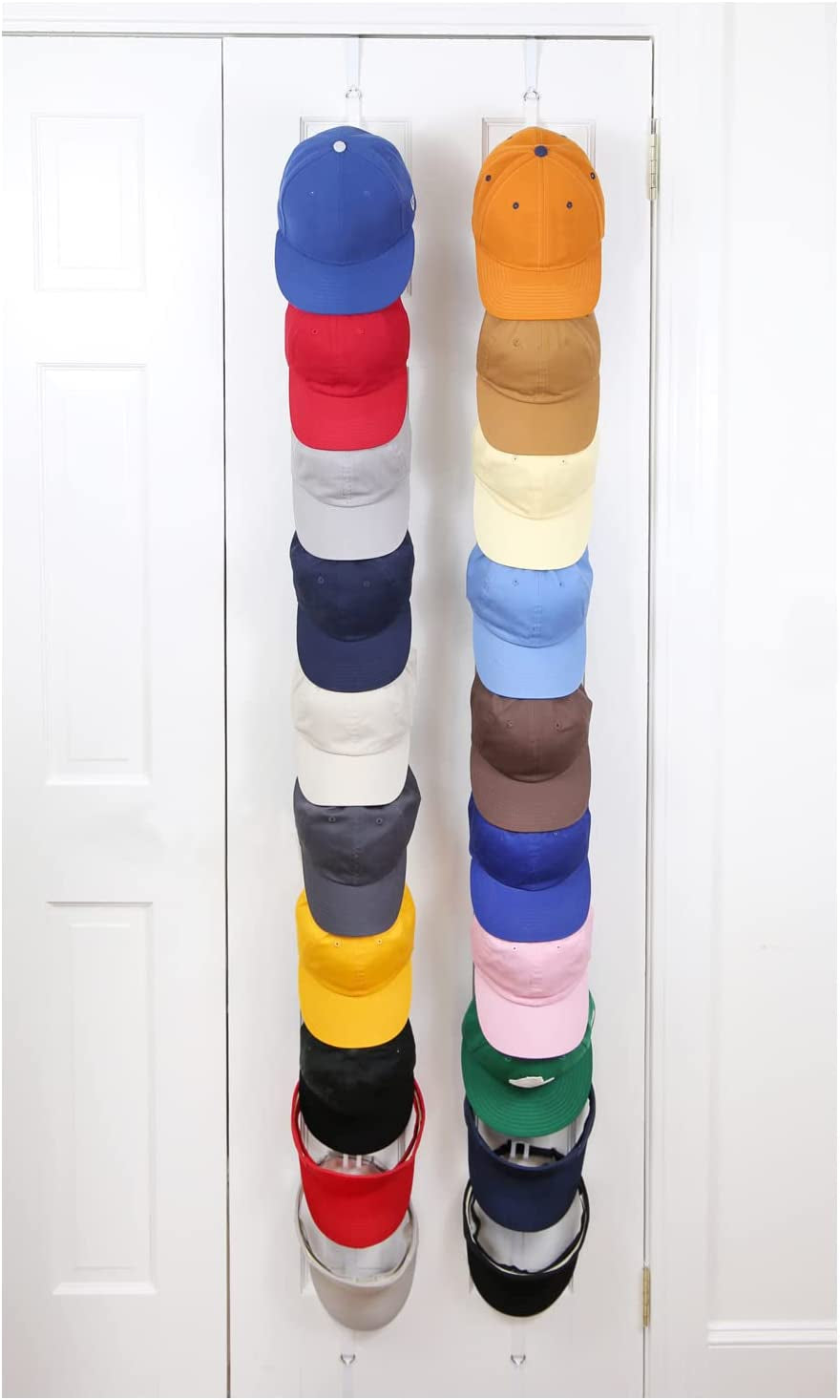 Perfect Curve Hat Organizer Cap Rack FAV | Hat Racks | Hold up to 40 Caps | over Door Organizer for Baseball Hat | Fitted & Adjustable Caps & Visors | Door Slam Proof | 2 Straps | White