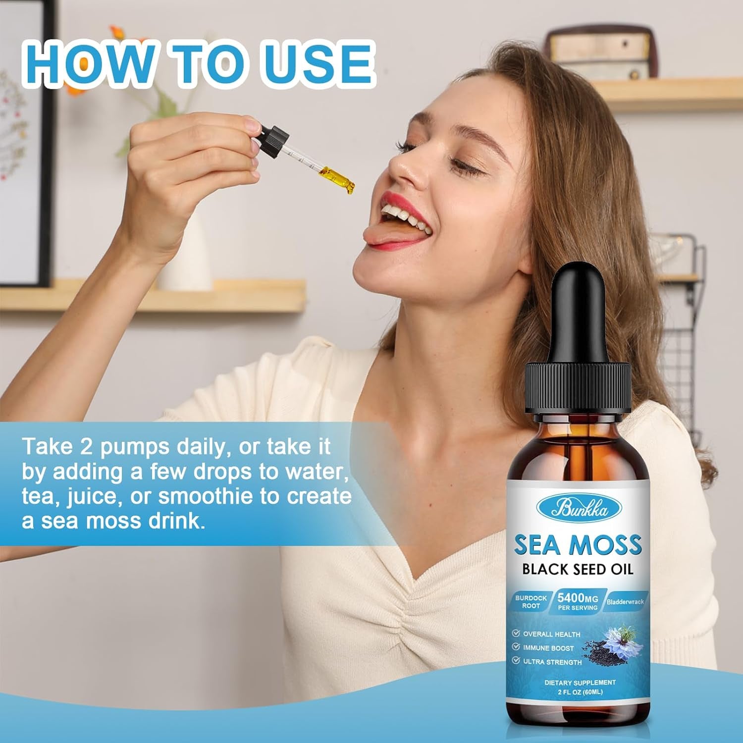 Sea Moss 3000Mg Black Seed Oil 1000Mg with Burdock Root 600Mg Bladderwrack 800Mg&Vitamin C Vitamin D3, Irish Sea Moss Drop for Immune System, Gut, Skin & Energy