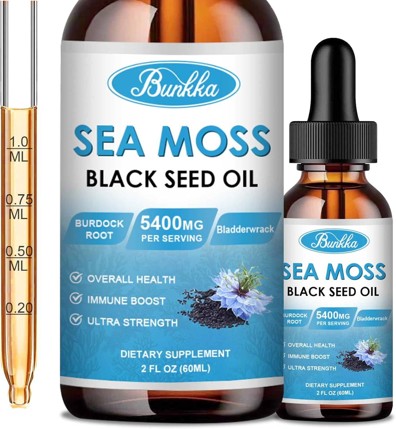 Sea Moss 3000Mg Black Seed Oil 1000Mg with Burdock Root 600Mg Bladderwrack 800Mg&Vitamin C Vitamin D3, Irish Sea Moss Drop for Immune System, Gut, Skin & Energy