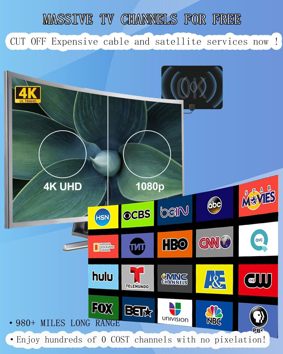 TV Antenna Indoor, Long Range Reception Digital TV Antenna for Smart TV Indoor Support 4K 1080P, Digital HDTV Antenna for Smart Switch Amplified Signal Booster - 16.5 Ft Coax HDTV Cable AC Adapter