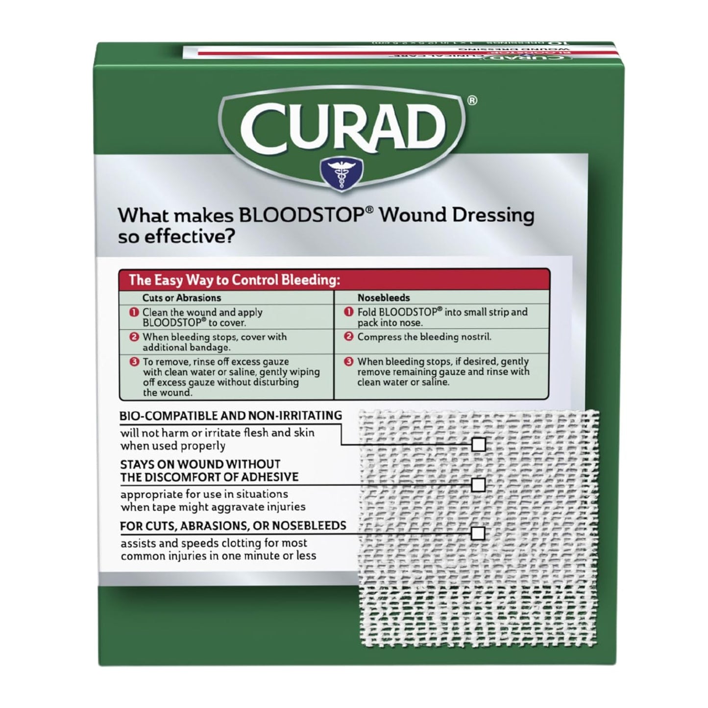 Curad CUR0055RBH Bloodstop Hemostatic Gauze, Helps Stop Bleeding Quickly, 1" X 1" Size, Pack of 10