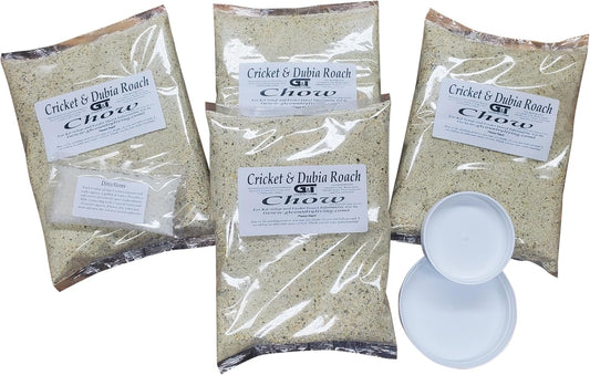 G&T Country Living Cricket and Dubia Roach Chow Kit - 4 Lbs Feed, 1 Oz Water Gel Crystals, Two Bowl Lids for Feeding and Watering, Essential for Raising Feeder Crickets and Dubia Roaches