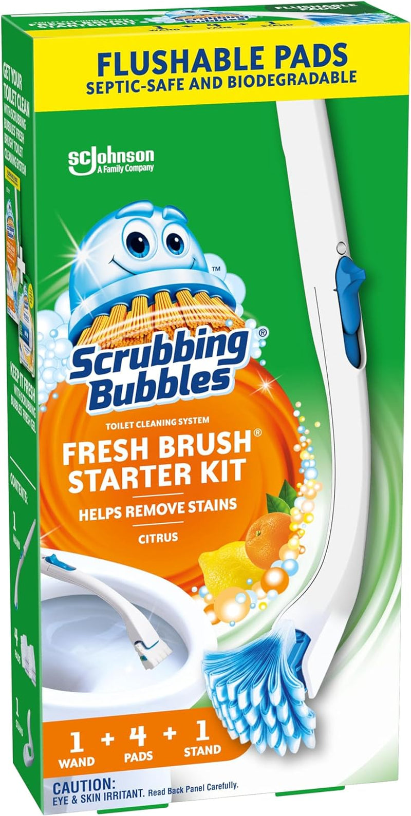 Scrubbing Bubbles Toilet Bowl Brush and Holder with Toilet Cleaner Refill Pads, Fresh Brush Toilet Wand Starter Kit, Cleans Limescale & Fights Odors, Citrus Scent, 1 Toilet Wand + 4 Refills + 1 Stand