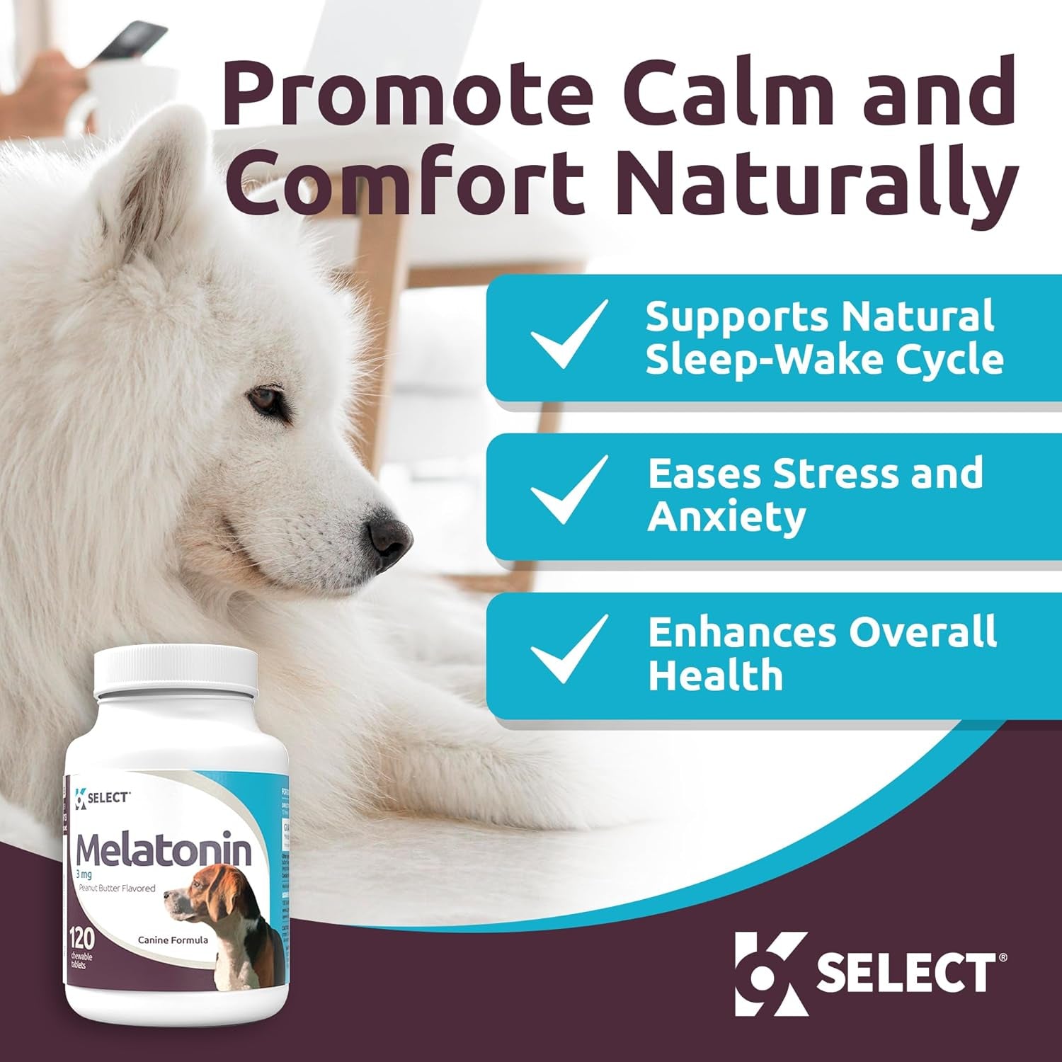 K9 Select Melatonin for Dogs - Calming Aid for Dogs - Adrenal Support Dog Sleep Aid - Reduce Stress, Pet Melatonin Calming Treats for Medium Sized Dogs - 3 Mg, 120 Peanut Butter Flavored Capsules