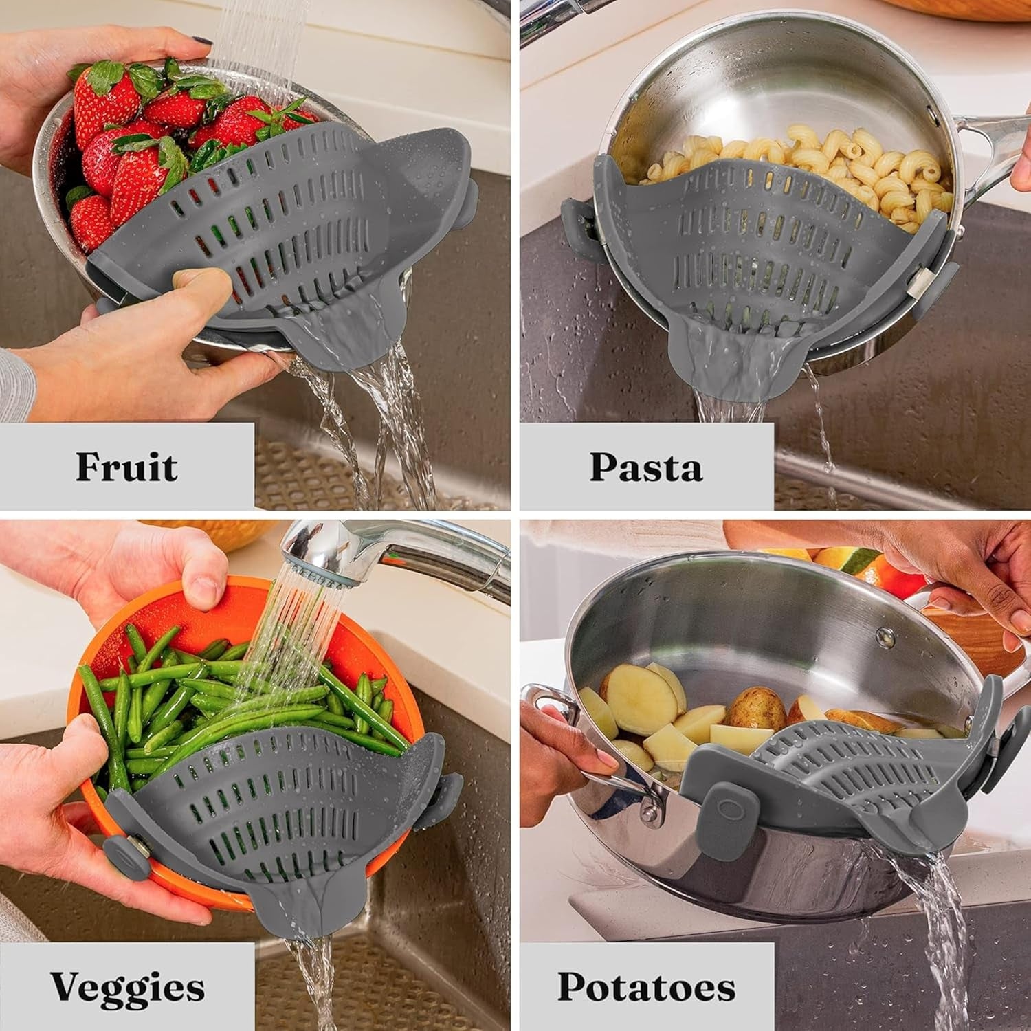 Kitchen Gizmo Snap N' Strain - Silicone Clip-On Colander, Heat Resistant Drainer for Vegetables and Pasta Noodles, Kitchen Gadgets for Bowl, Pots, and Pans - Essential Home Cooking Tools - Grey