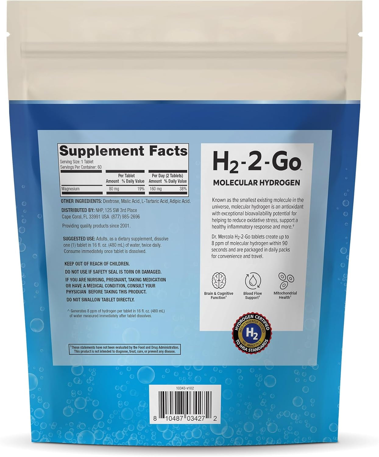 Dr. Mercola H2-2-Go Molecular Hydrogen, 60 Servings (60 Tablets), 8 Ppm of Hydrogen per Tablet, Dietary Supplement, Supports Circulatory Health