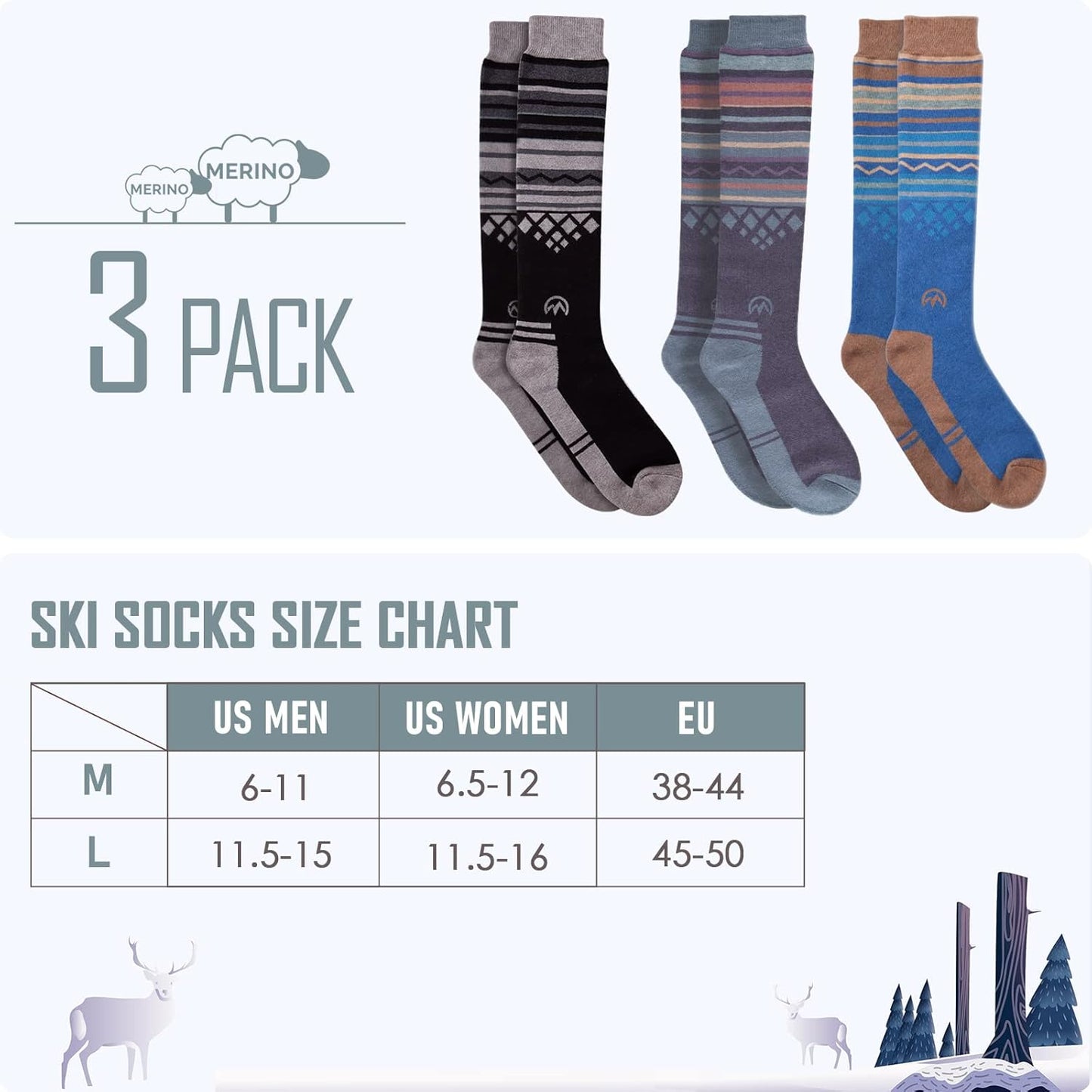 Ski Socks 2-Pack Merino Wool, over the Calf Non-Slip Cuff for Men & Women