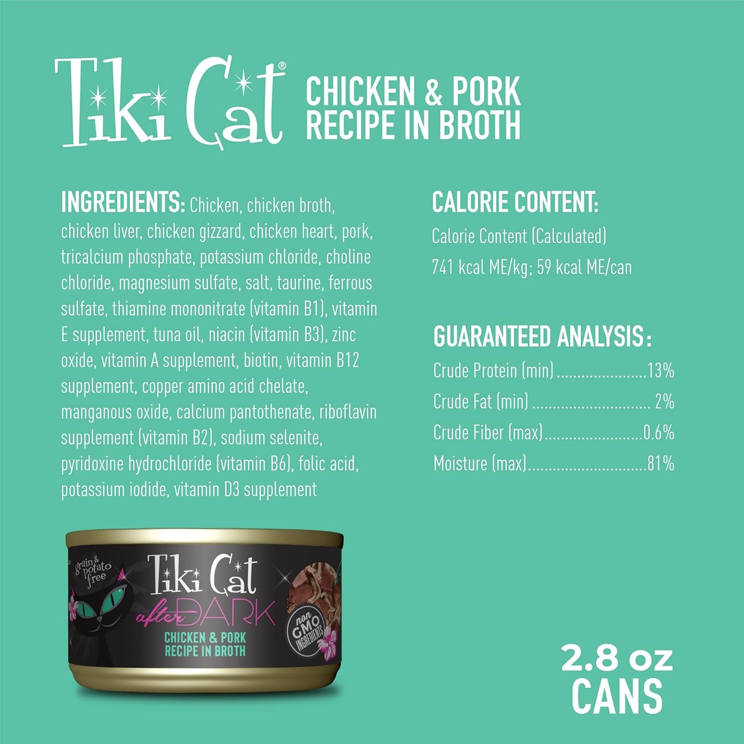 Tiki Cat after Dark, Chicken & Pork, High-Protein and 100% Non-Gmo Ingredients, Wet Cat Food for Adult Cats, 2.8 Oz. Cans (Pack of 12)