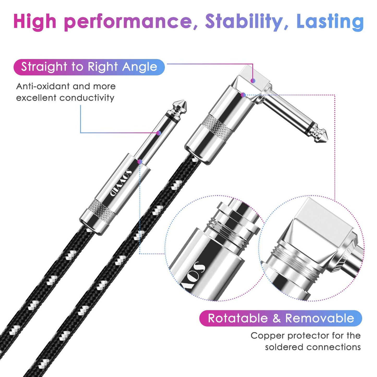 Guitar Cable 10FT Instrument Cable Guitar Cord Electric Guitar Cable Guitar AMP Cord for Bass Guitar Keyboard 1/4 Inch Cable Right Angle Black White