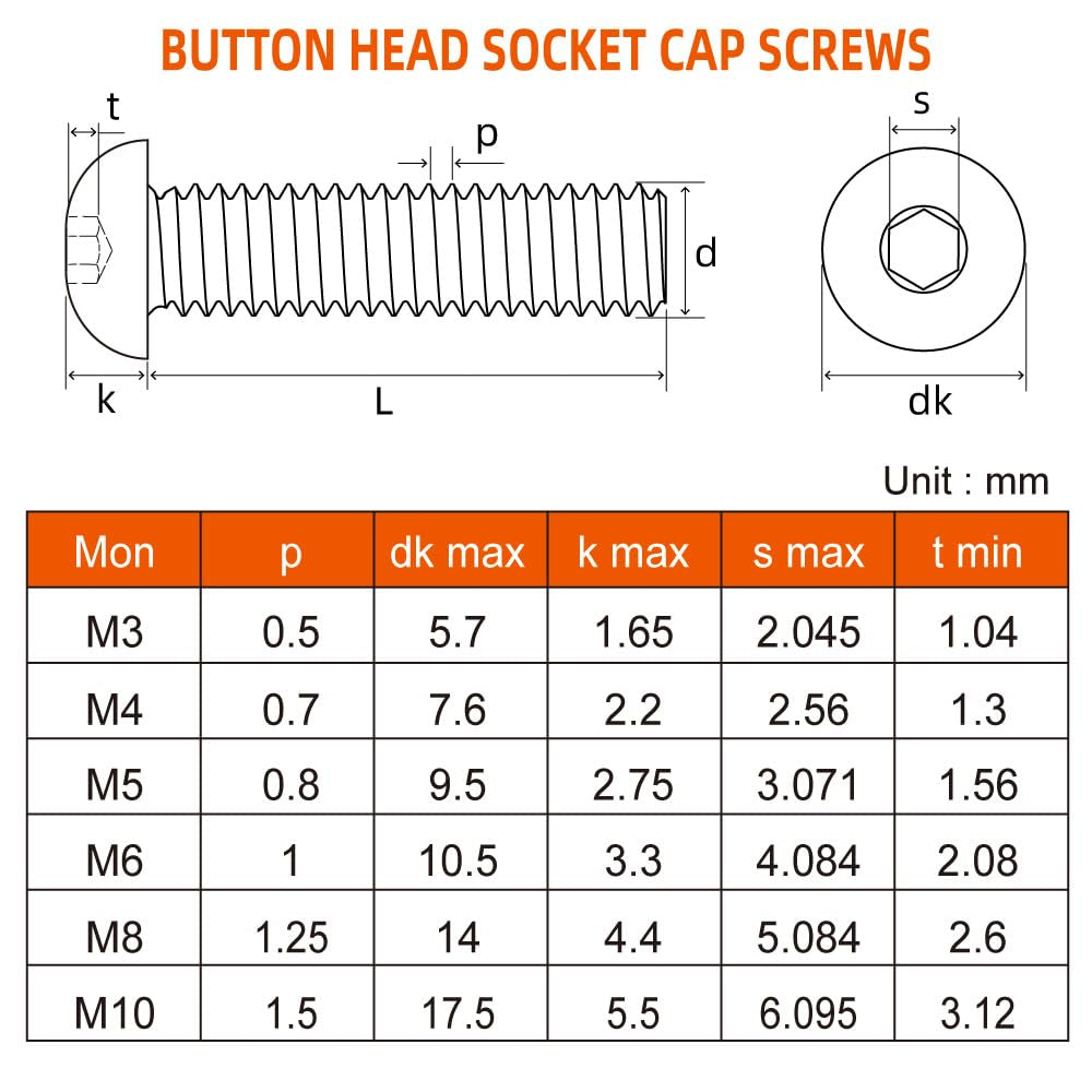 M5-0.8 X 16Mm Button Head Socket Cap Screws, Stainless Steel 18-8 (304), Bright Finish, Fully Threaded, 50 PCS