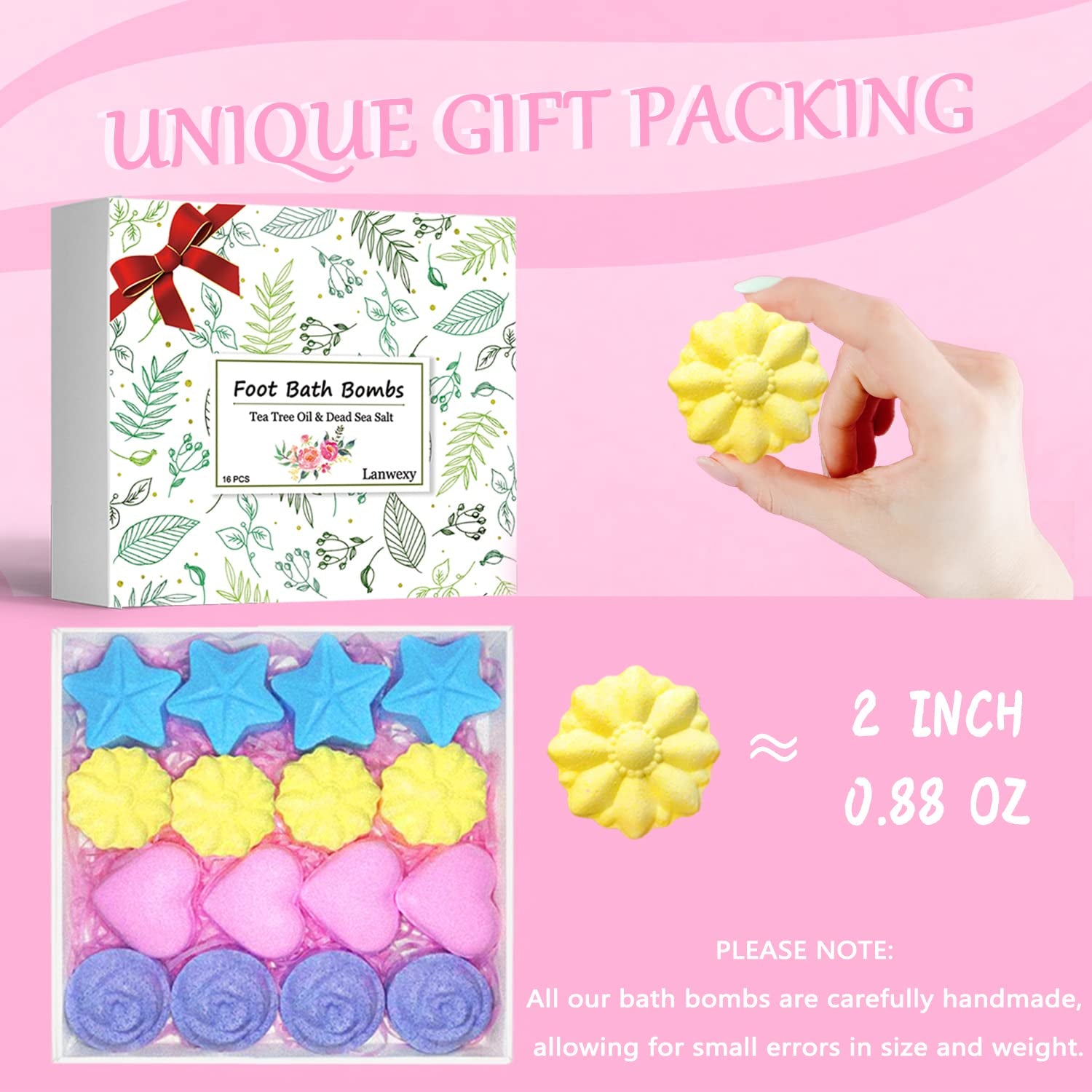 Bath Foot Bombs, 16 Pack Foot Soak with Bath Salt and Tea Tree Oil. Organic Natural Handmade Aroma Pure Essential Oil Bubble Foot Balls for Foot Callus, Dry Cracked, Stubborn Foot Odor Scent.