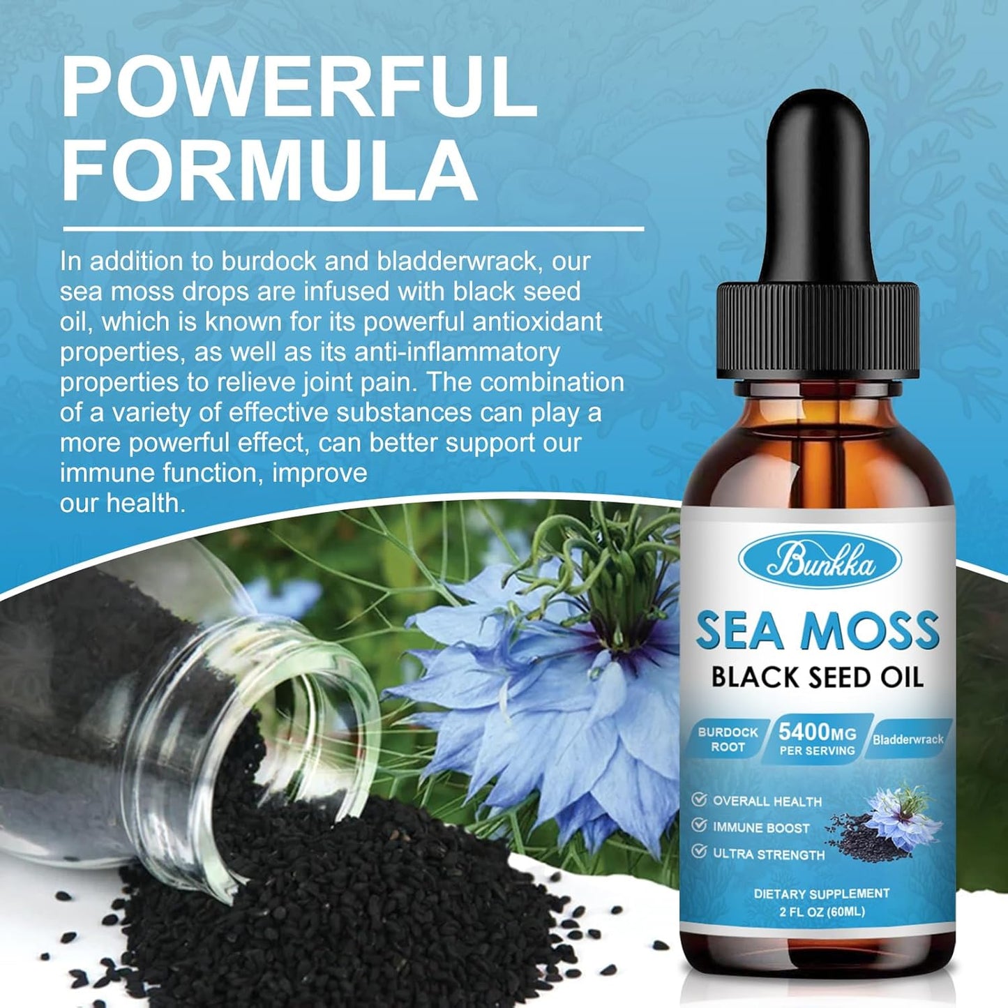 Sea Moss 3000Mg Black Seed Oil 1000Mg with Burdock Root 600Mg Bladderwrack 800Mg&Vitamin C Vitamin D3, Irish Sea Moss Drop for Immune System, Gut, Skin & Energy